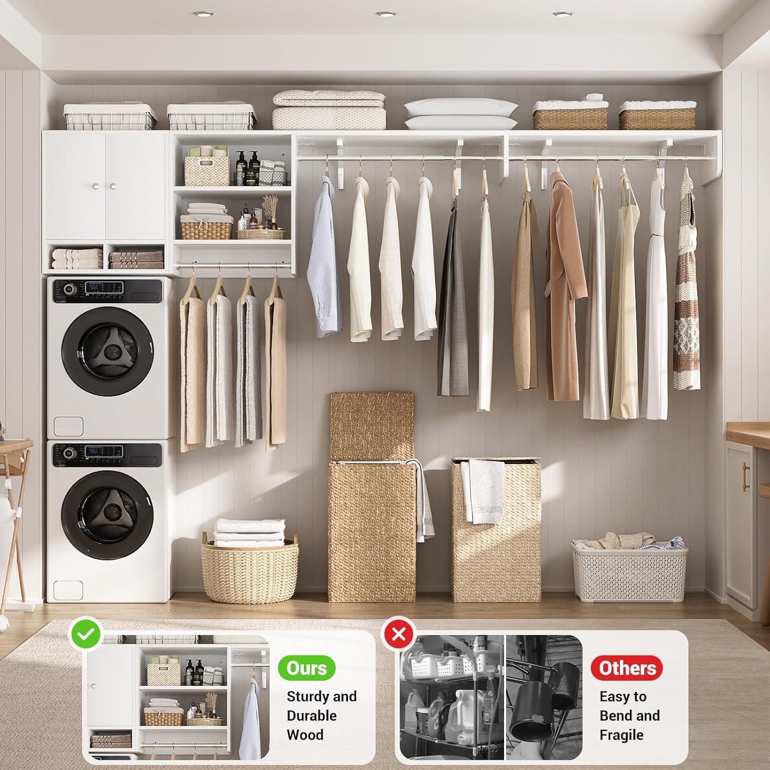 Unikito Wood Over Washer and Dryer Storage Shelves and Organizer, 118" Wall Mounted Laundry Room System with 3 Hanger Rods, Heavy Duty Laundry Room System, Space Saver Clothes Drying Rack, White