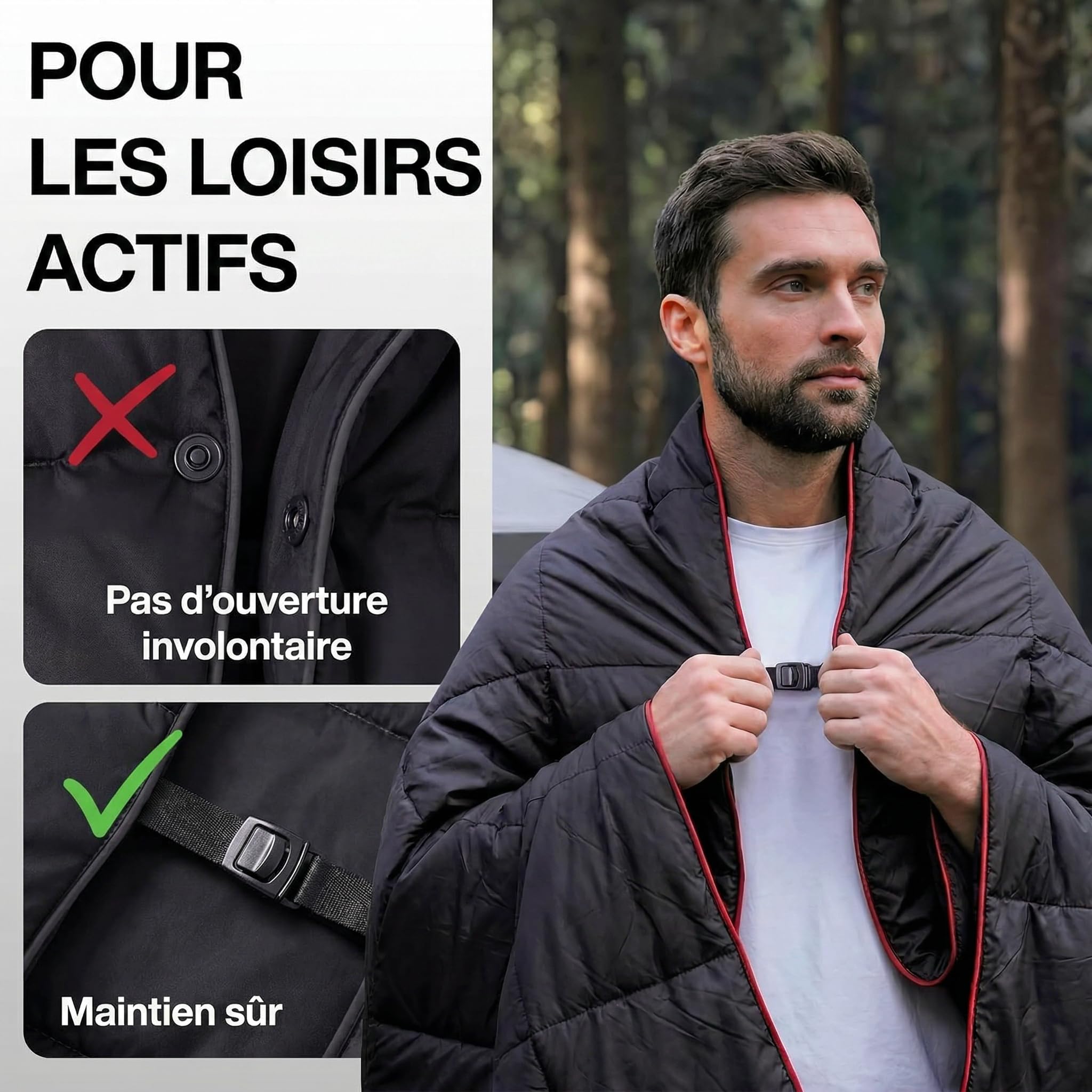 EVOCAMP Couverture de Camping 200x140 cm, imperméable, ultralégère, 0,68 kg, avec Sac de Rangement, Pliable, idéale pour Le Camping et Les activités Outdoor, Noire