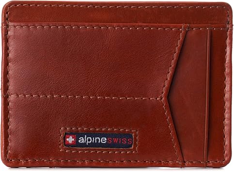 Alpine Swiss RFID Minimalist Oliver Front Pocket Wallet For Men Leather Hampton Collection Glossy Nappa Tan