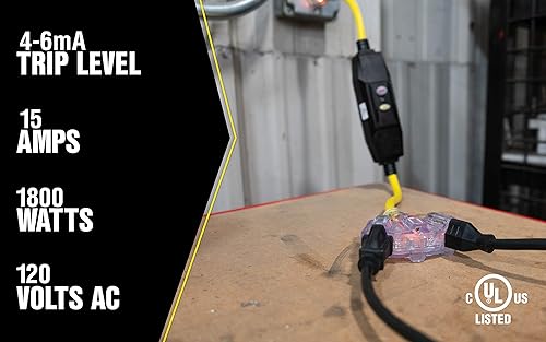 Miniatura 6 de Yellow Jacket 2816 Coleman Gfci Quad - Bloque de alimentación en línea, 125 V, 15 A, 12/3 Awg Sjtw, 3 salidas, amarillo