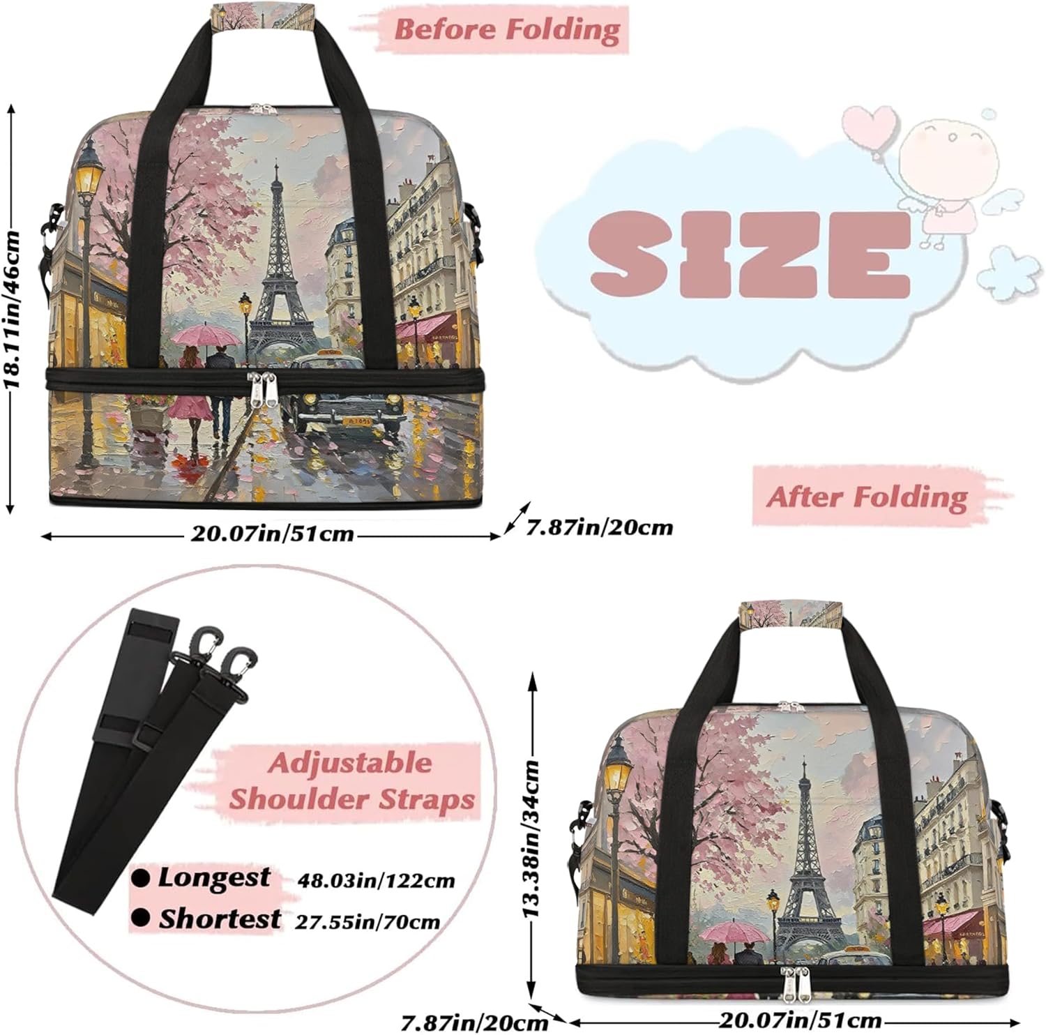 Foldable Travel Duffel Bag for Women - Carry on Personal Item Bag with Shoes Compartment, Weekender Overnight Duffle Bags Sport Tote Gym Luggage for Airplanes Traveling(Eiffel Tower) - Image 2