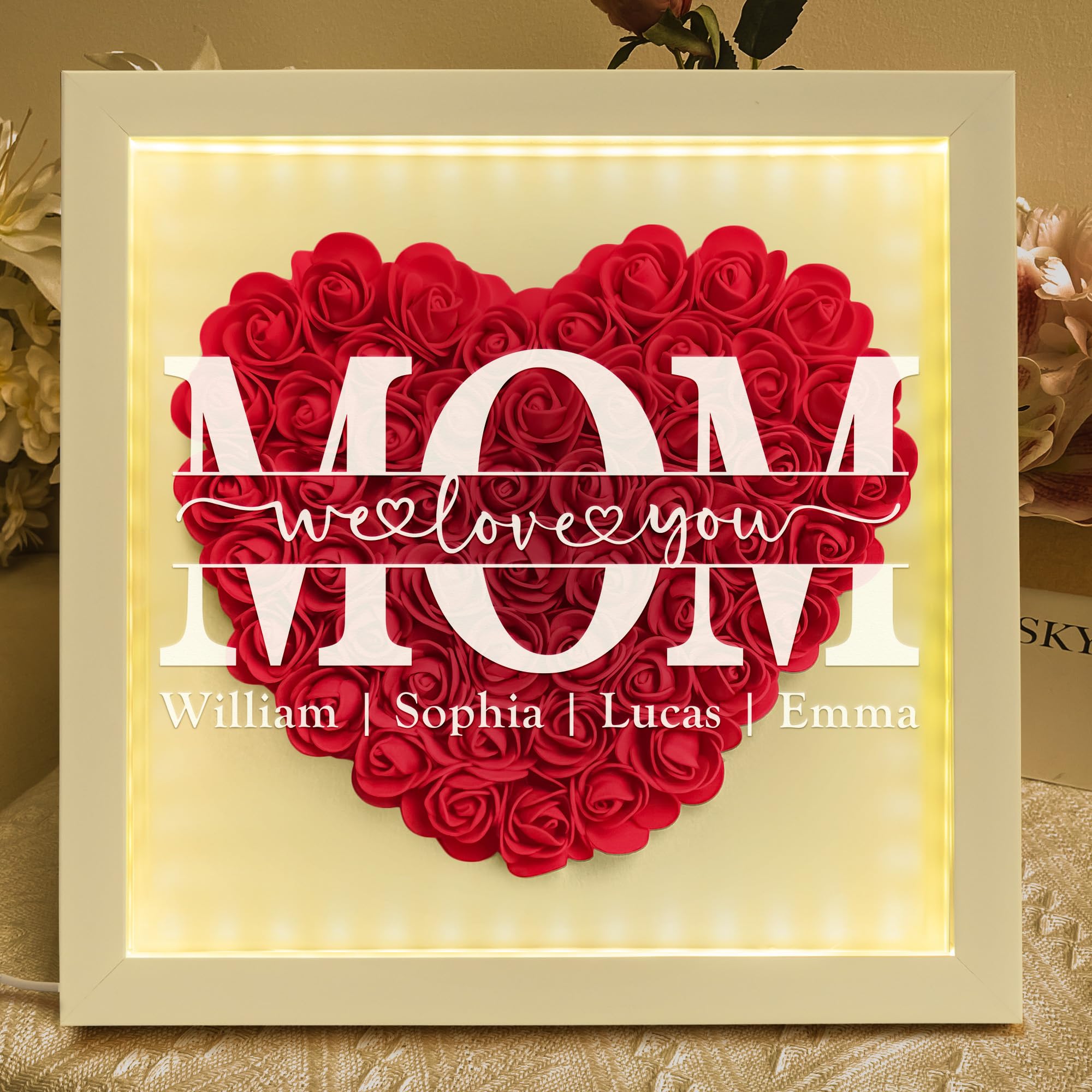 Macorner Personalized for Mom, We Love You Mom, Flower Shadow Box with LED Light, Gift from Son Daughter