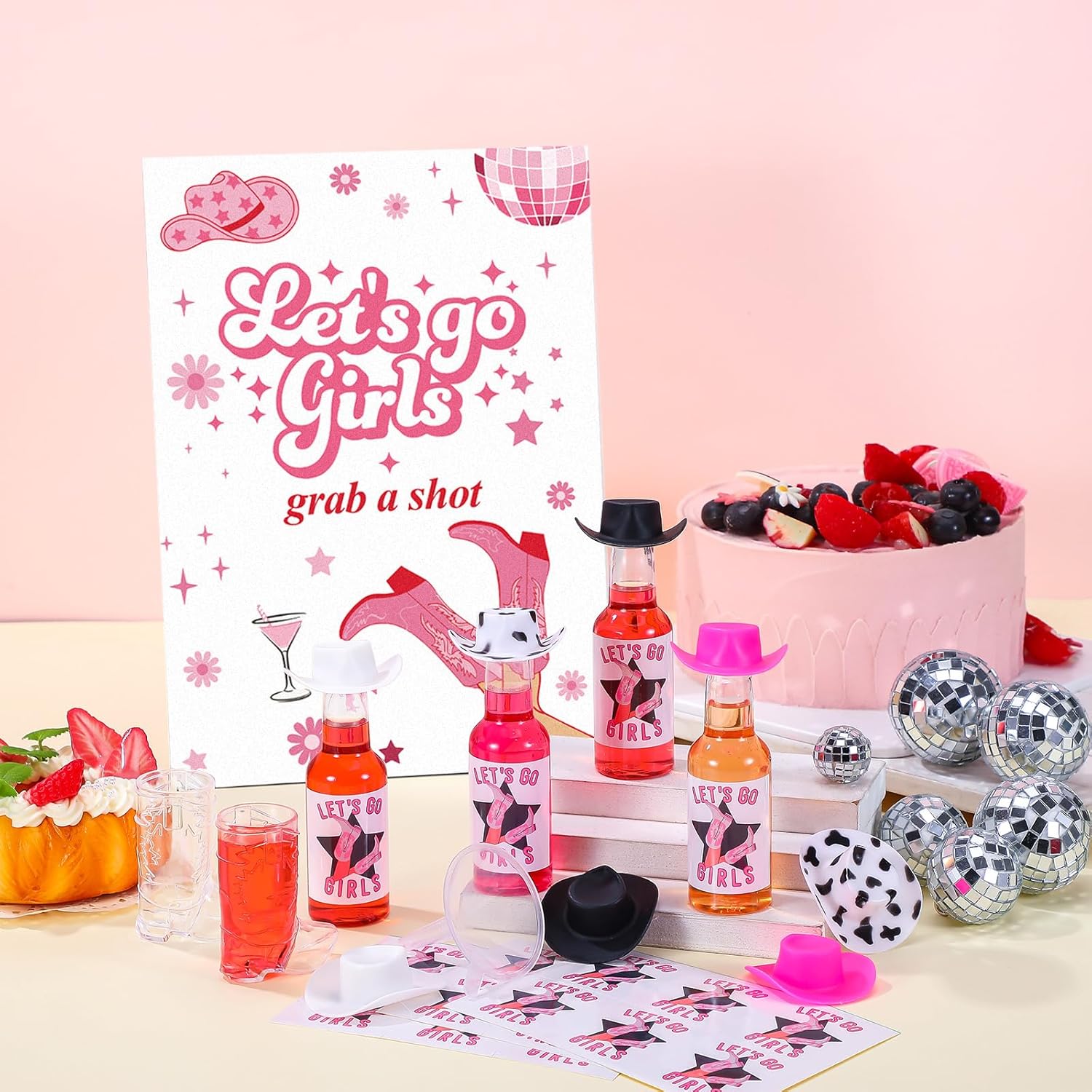 117 Pcs Let's Go Girls Bachelorette Party Favors Cowgirl Bachelorette Decorations with 1.7oz Liquor Bottles Cowboy Boot Shot Glasses Hat Wooden Table Sign for Cowgirl Bridal Shower Supply