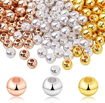 300pcs 4mm Smooth Round Spacer Beads Brass Ball Beads Tarnish Resistant Seamless Loose Connector Beads for DIY Bracelet Necklace Jewelry Making Findings, 3 Colors