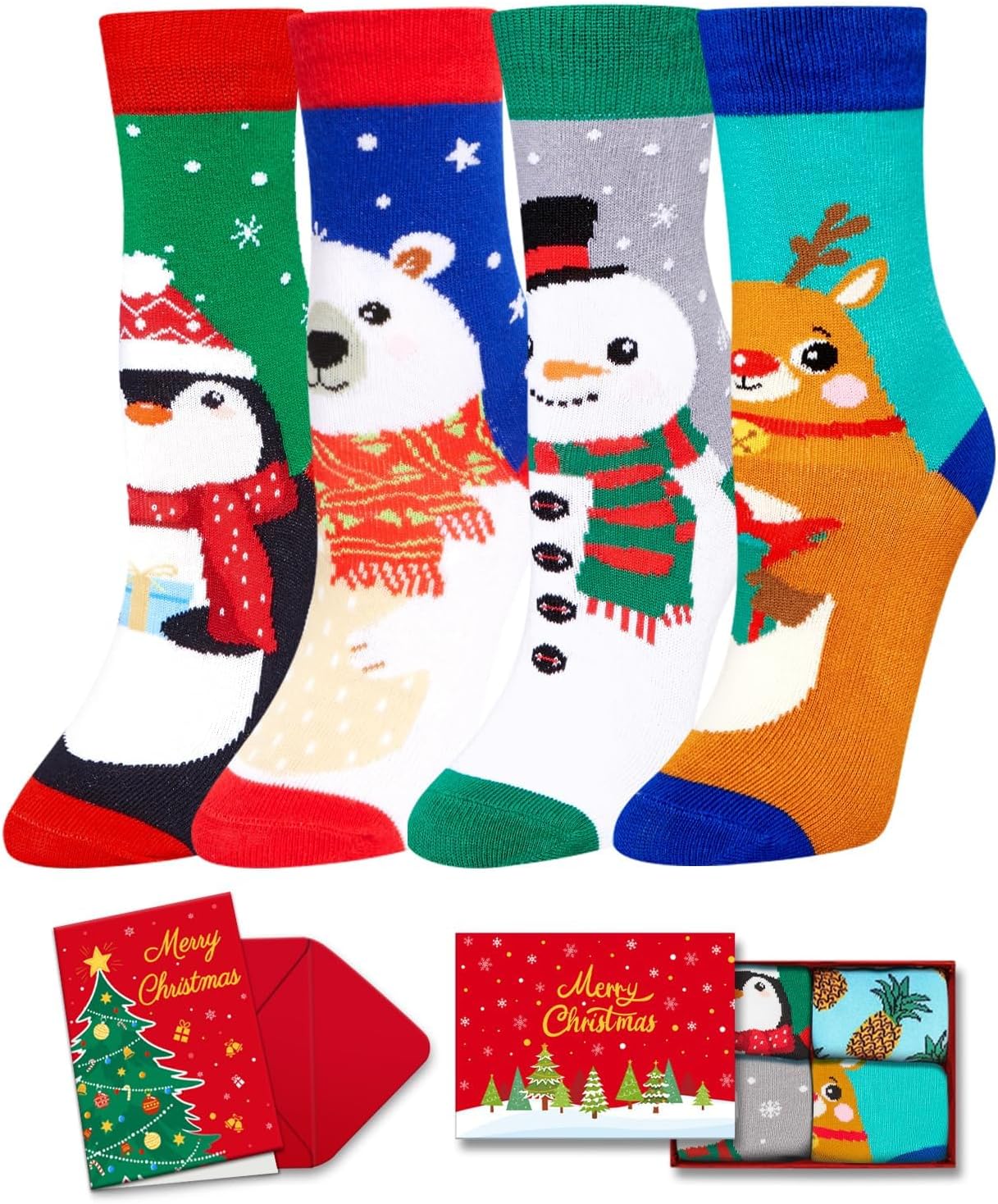 HAPPYPOP Christmas Socks for Teens - Holiday Sock Gift Ideas for Boys Girls 4 Pack with Card
