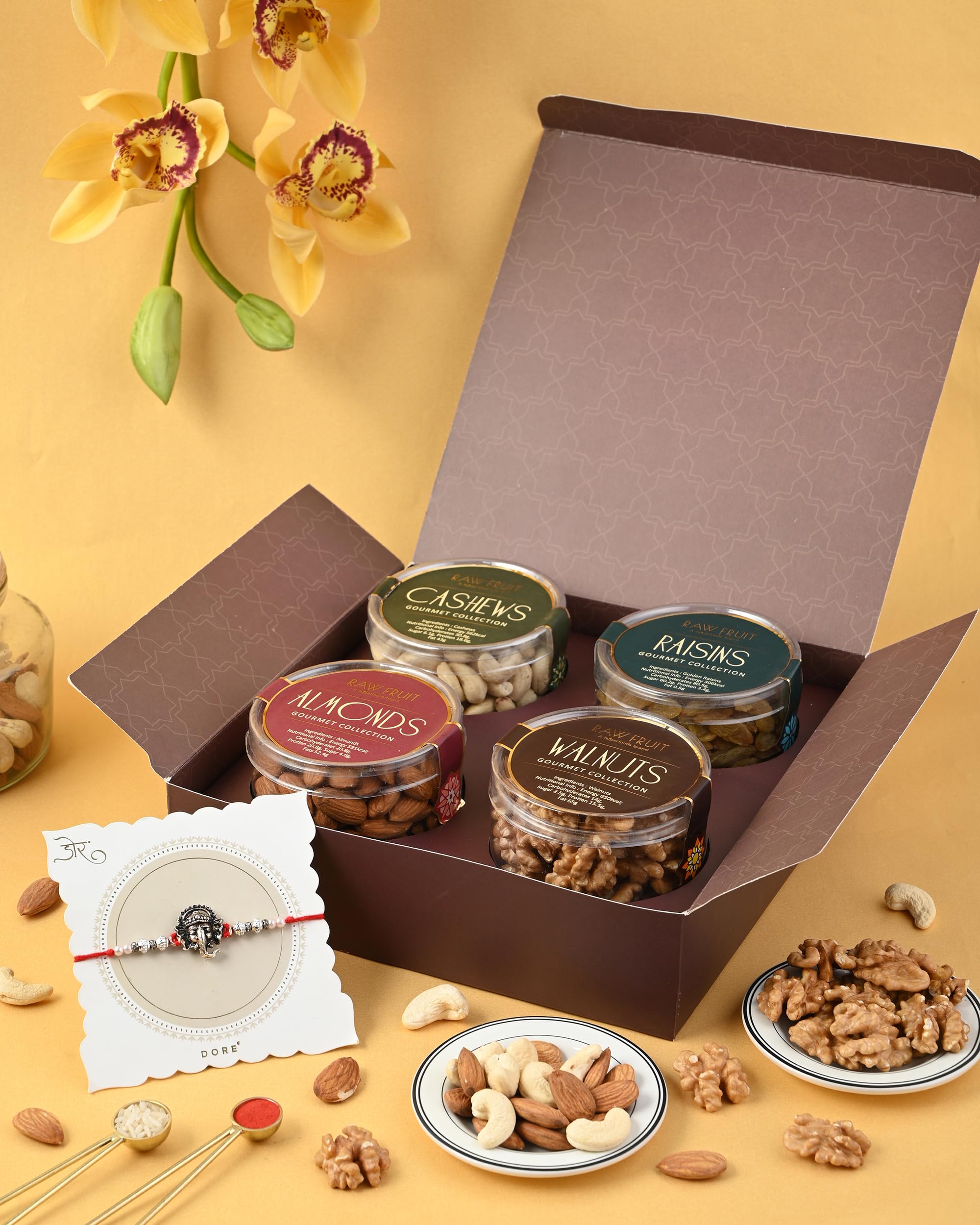 Hyperfoods® Rakhi Gift For Brother Rakhi For Brother With Gift Rakhi Set For Brother Dry Fruits Combo Pack Of 4 Dryfruits Walnut Raisins Ganesha Rakhi Set