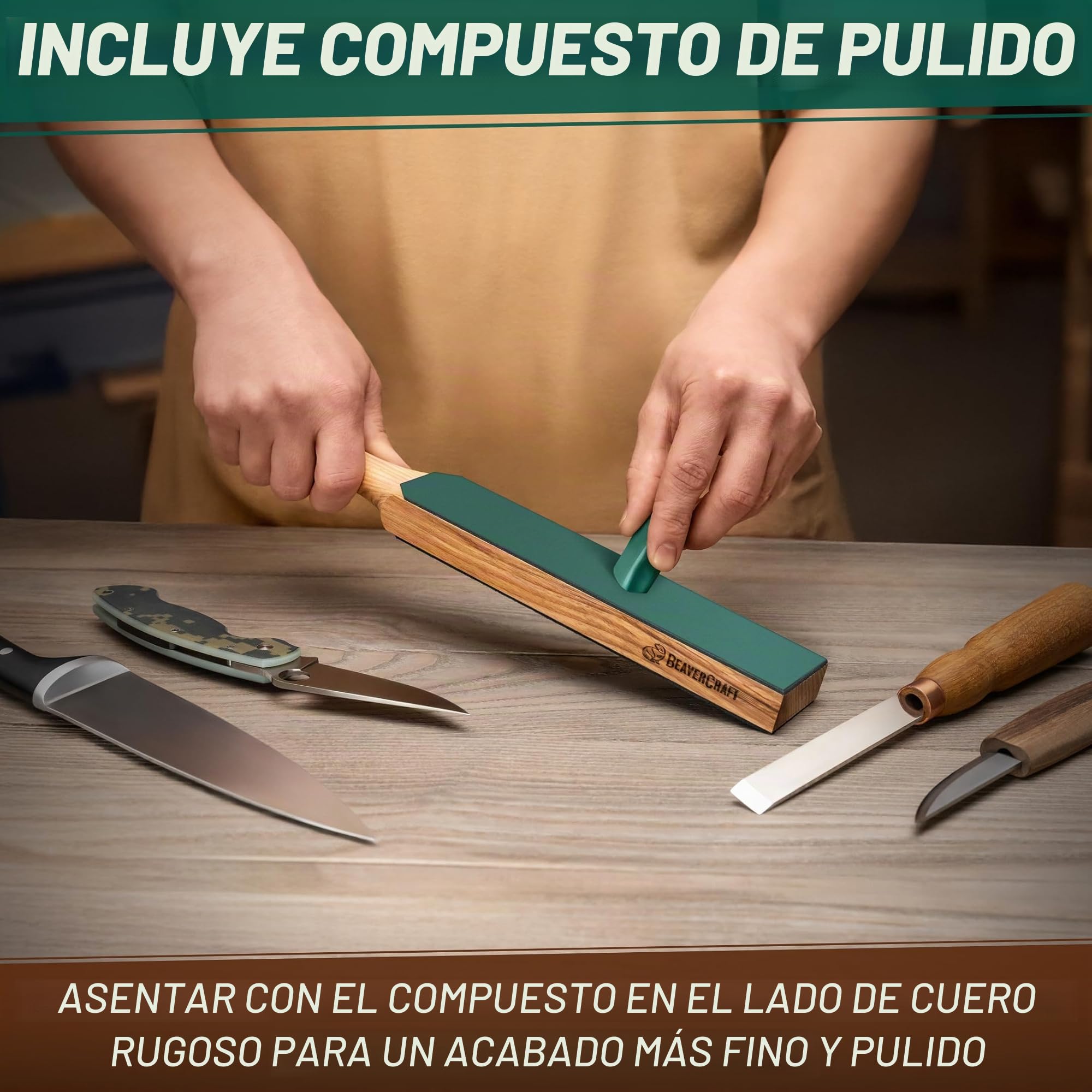 BeaverCraft Correa de Cuero para Afilado – Doble Cara con Compuesto, Bloque Afilado 14" para Herramientas Tallado, Cinceles, Kit Afilado LS6P1