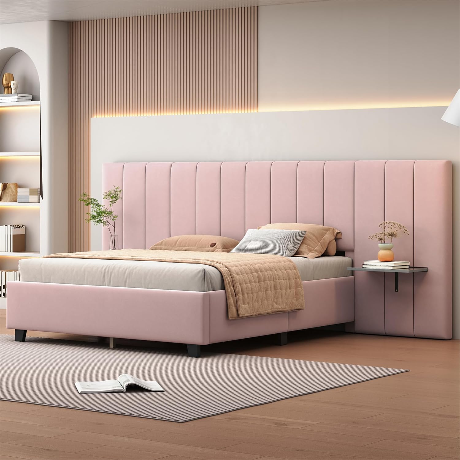 Luxurious Queen Bed Frame, Platform Bed with Oversized Upholstered Headboard and 2 Storage Shelves, No Box Spring Required, Comfortable Bedroom Furniture.Pink