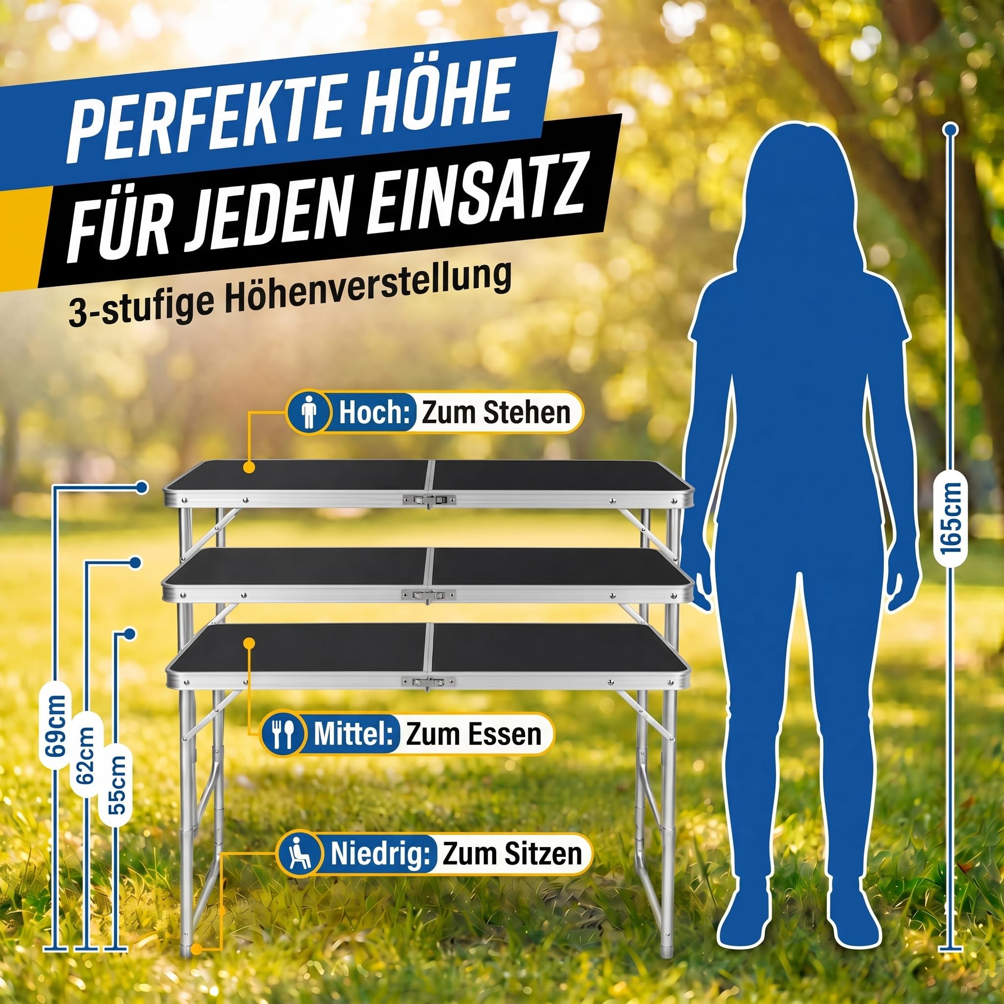 Klappbarer Multifunktionstisch Mehrzwecktisch Campingtisch Klapptisch Markttisch höhenverstellbarer Tapeziertisch Beistelltisch zum Campen im Garten für Festivalls Märkte (Schwarz: 120 x 60 cm)
