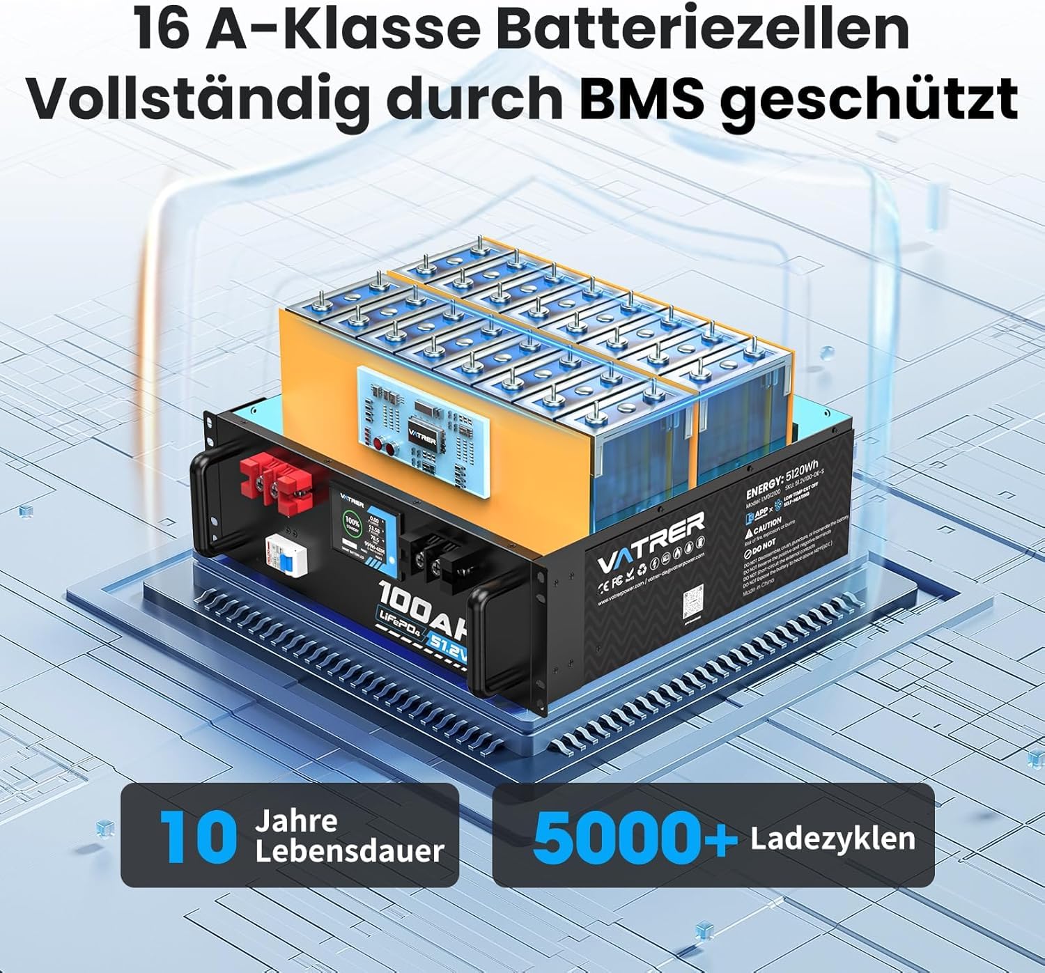 VATRER POWER Batteria LiFePO4 51,2V 100Ah Touch Display APP 100A BMS | Display touch integrato e monitoraggio completo della batteria tramite APP Bluetooth