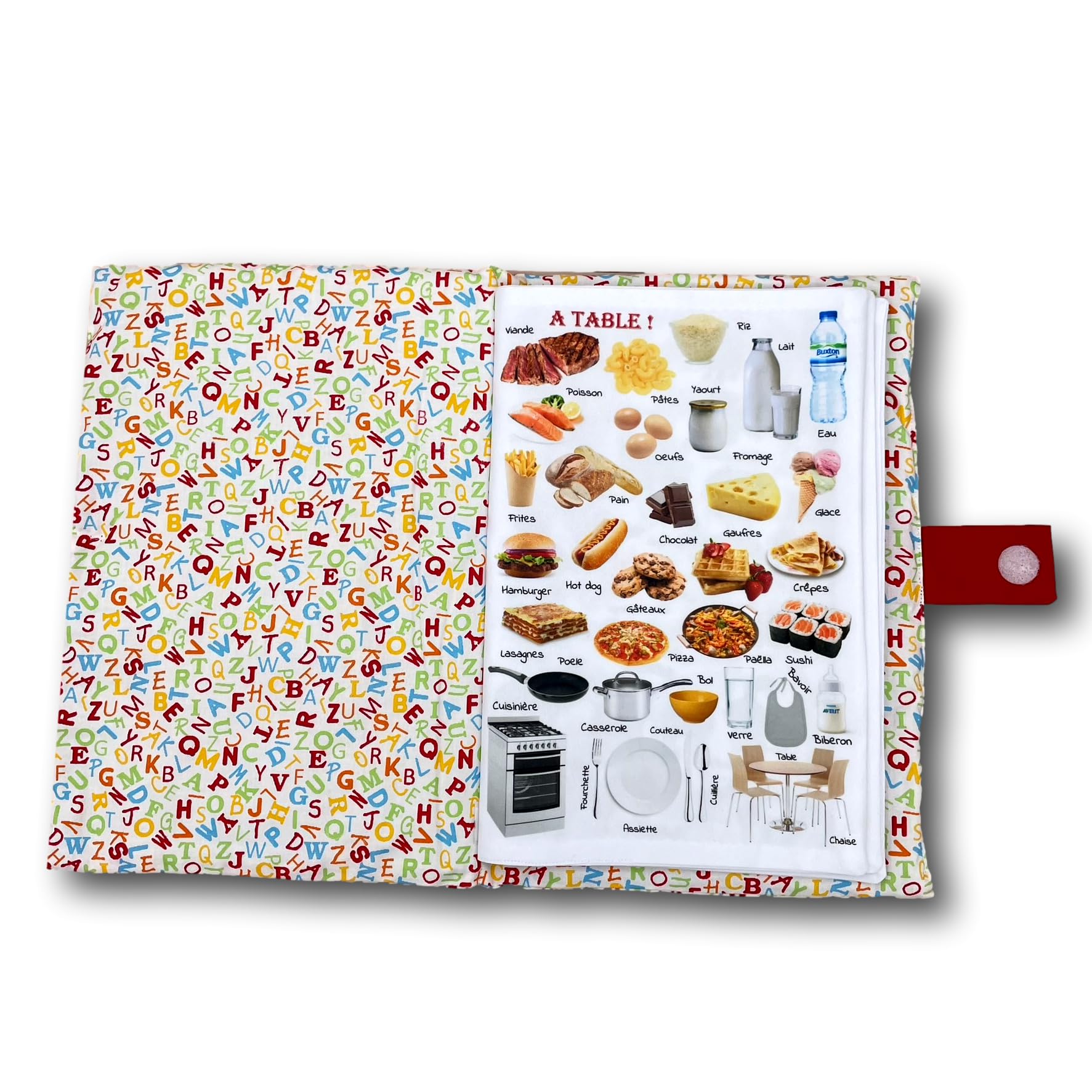 Livre d'éveil éducatif en tissu imagier photo Format A4 couverture Lettres, thèmes animaux, repas, véhicules, couleurs et mots