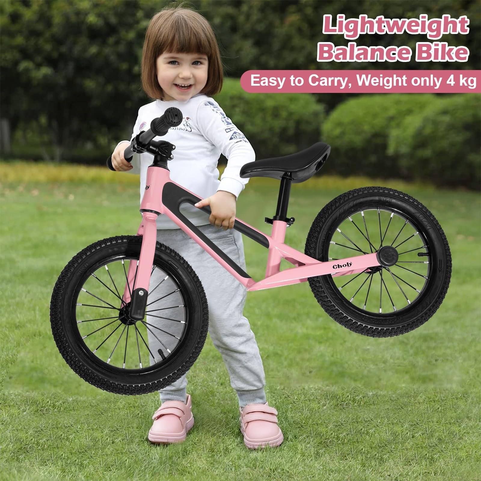 CHOLY Vélo sans pédales 14 pouces pour enfants 3-6 ans, siège réglable, pneus pneumatiques, cadre en alliage de magnésium