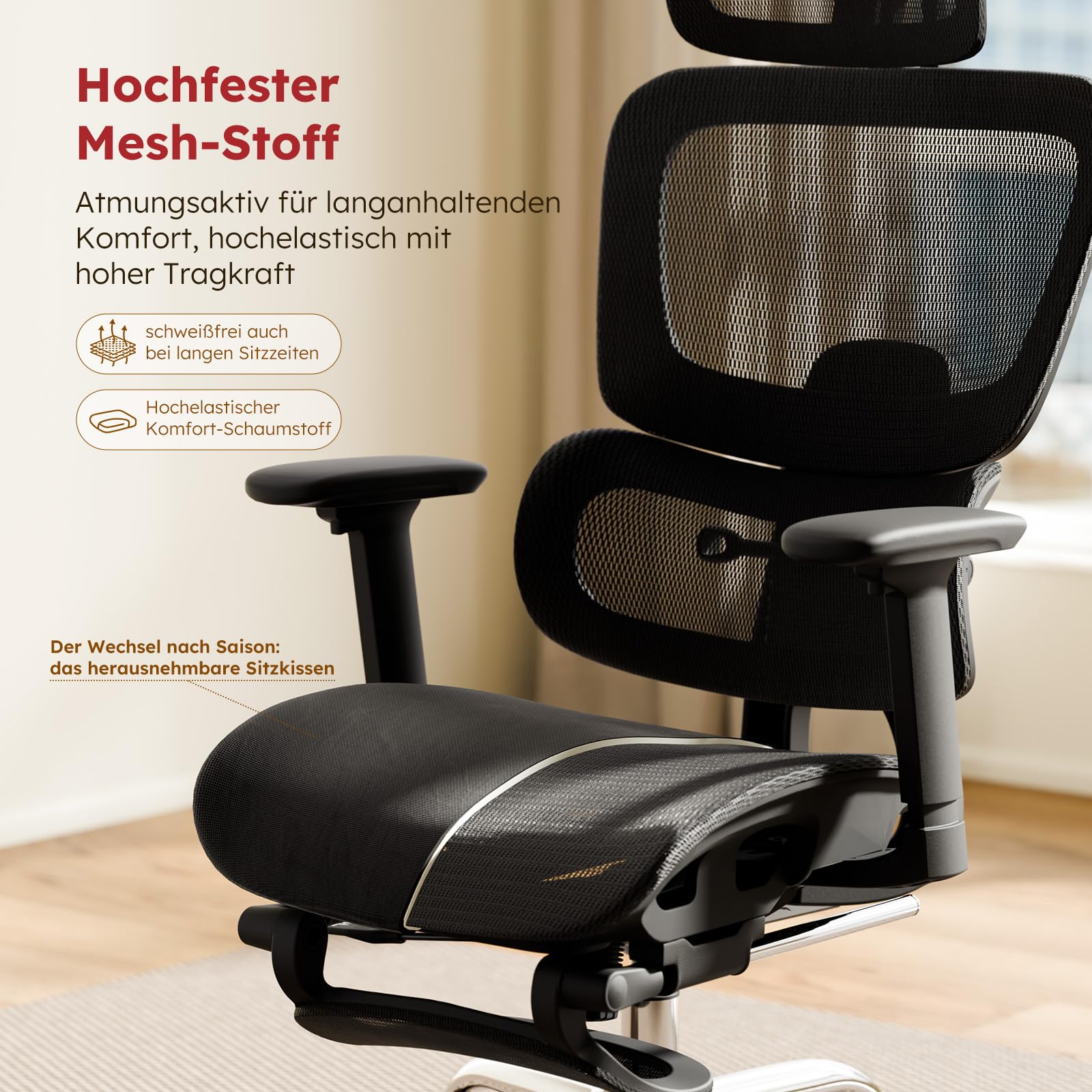 Ergonomischer Bürostuhl Voll-Mesh 150kg mit Fußstütze, Schreibtischstuhl mit Abnehmbarem Kissen, Selbstanpassende Lendenstütze, Höhenverstellbarer Rückenlehne, Kopfstütze, PU-Rolle 360°, Schwarz
