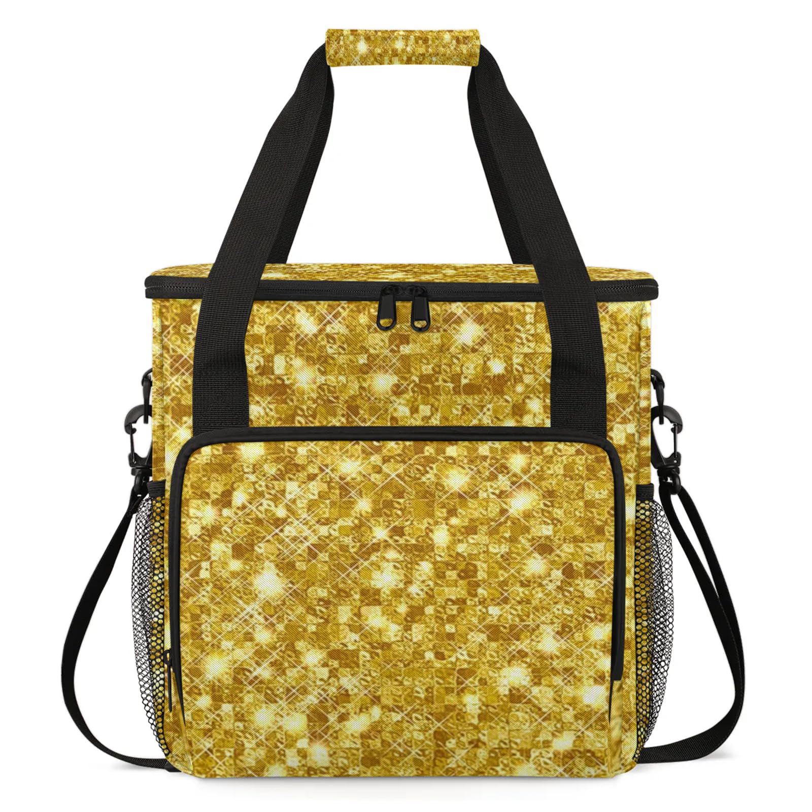 Adornori Gold Glitters Print Travel Coffee Maker Carrying Bag, Large Organizer Storage Tote Bag Insulated Reusable Cooler Grocery Bags