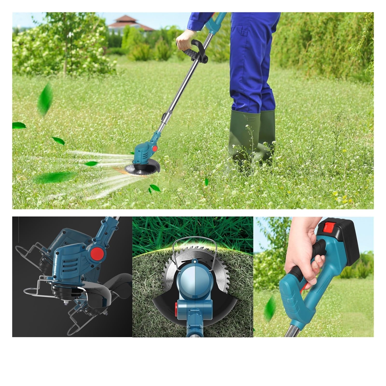 Desbrozadora, Cortacésped eléctrico de Mano inalámbrico de 1800W, cortadora de césped, poda de jardín Ajustable con 2 baterías de Litio, 8 Accesorios(Without Battery Set)