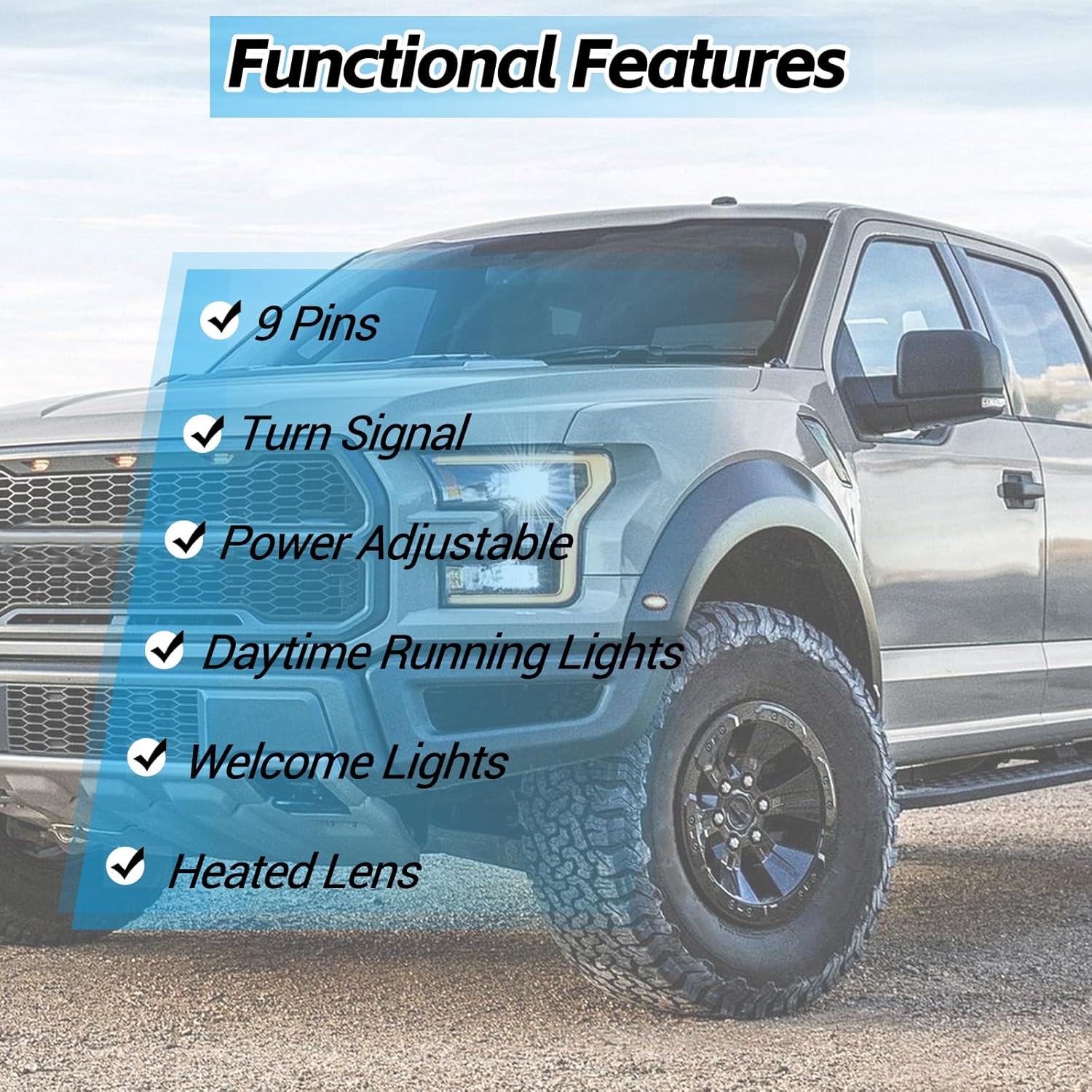 Left Drive Side Door Mirror Fits 2015-2021 F150 Mirror with Power Adjustable and Heated Glass,LED Turn Signal Light and Puddle Lights,Width Light,Manual Folding (9Pins)