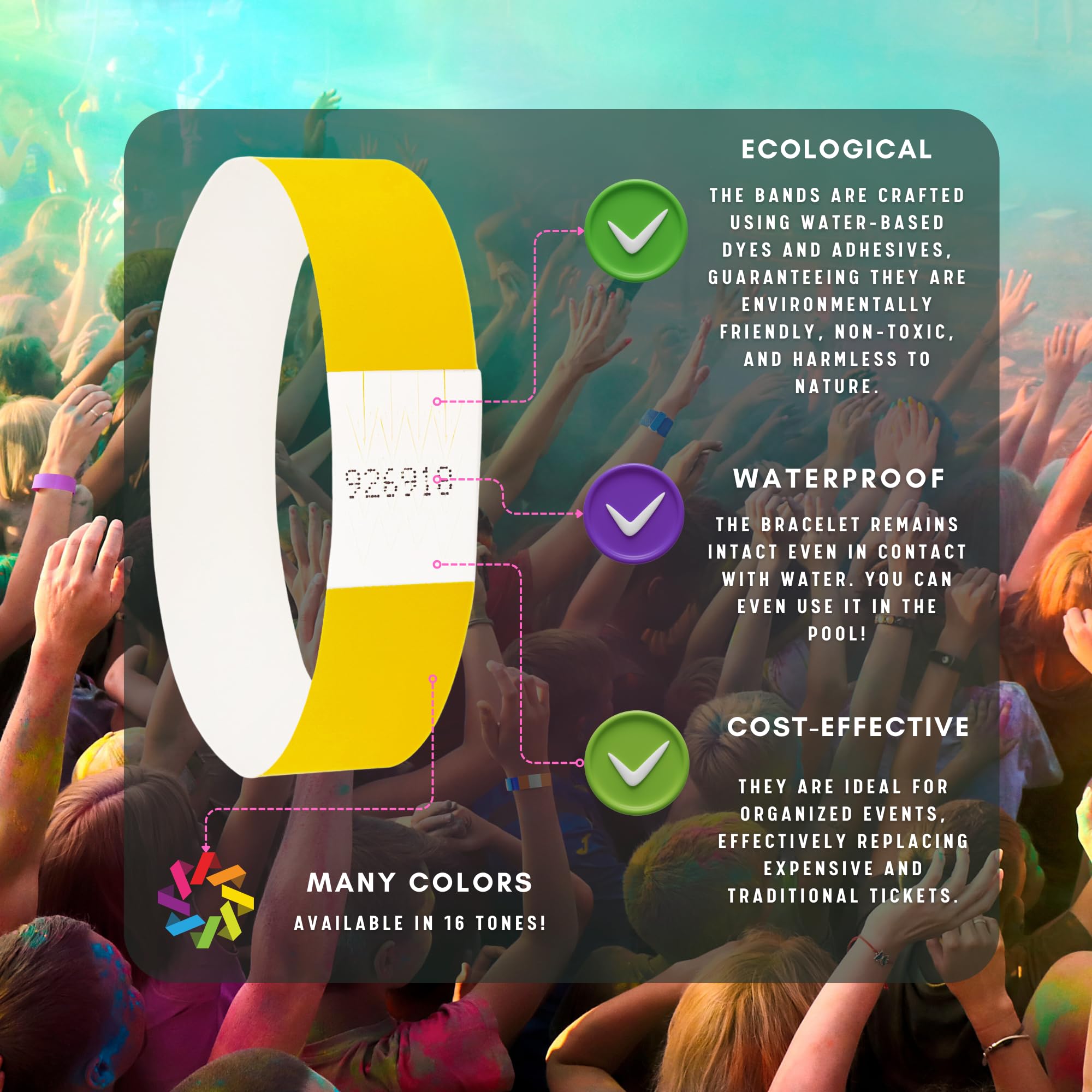 Bracelet papier couleur événement Yellow 19x250 mm 500 pièce | Bracelet evenementiel d'identification, entrée, évènement festival event concert, d'entrée