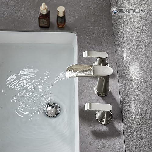 Miniatura 2 de Grifo de baño generalizado de 3 agujeros, grifo de baño de níquel cepillado, grifo de lavabo de baño en cascada, grifos de tocador de dos manijas