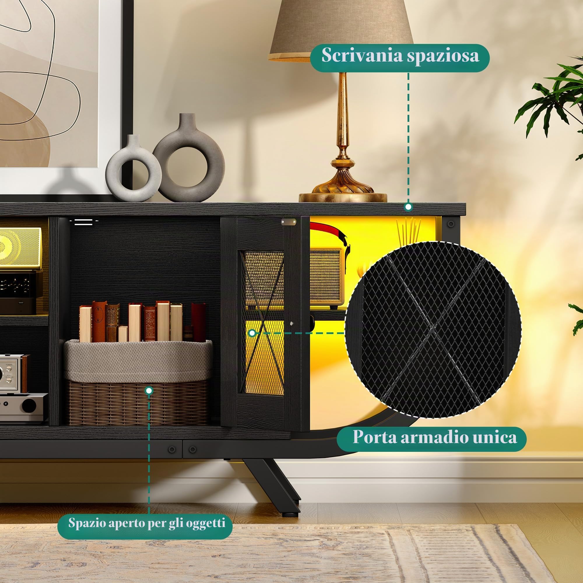 YITAHOME Industriale Mobile TV 140cm, Tavolino Porta TV fino a 55 Pollici, Mobile Porta TV Soggiorno con Illuminazione LED & Rangement Spazioso Mobiletto,TV Mobili TV per Soggiorno, Nero