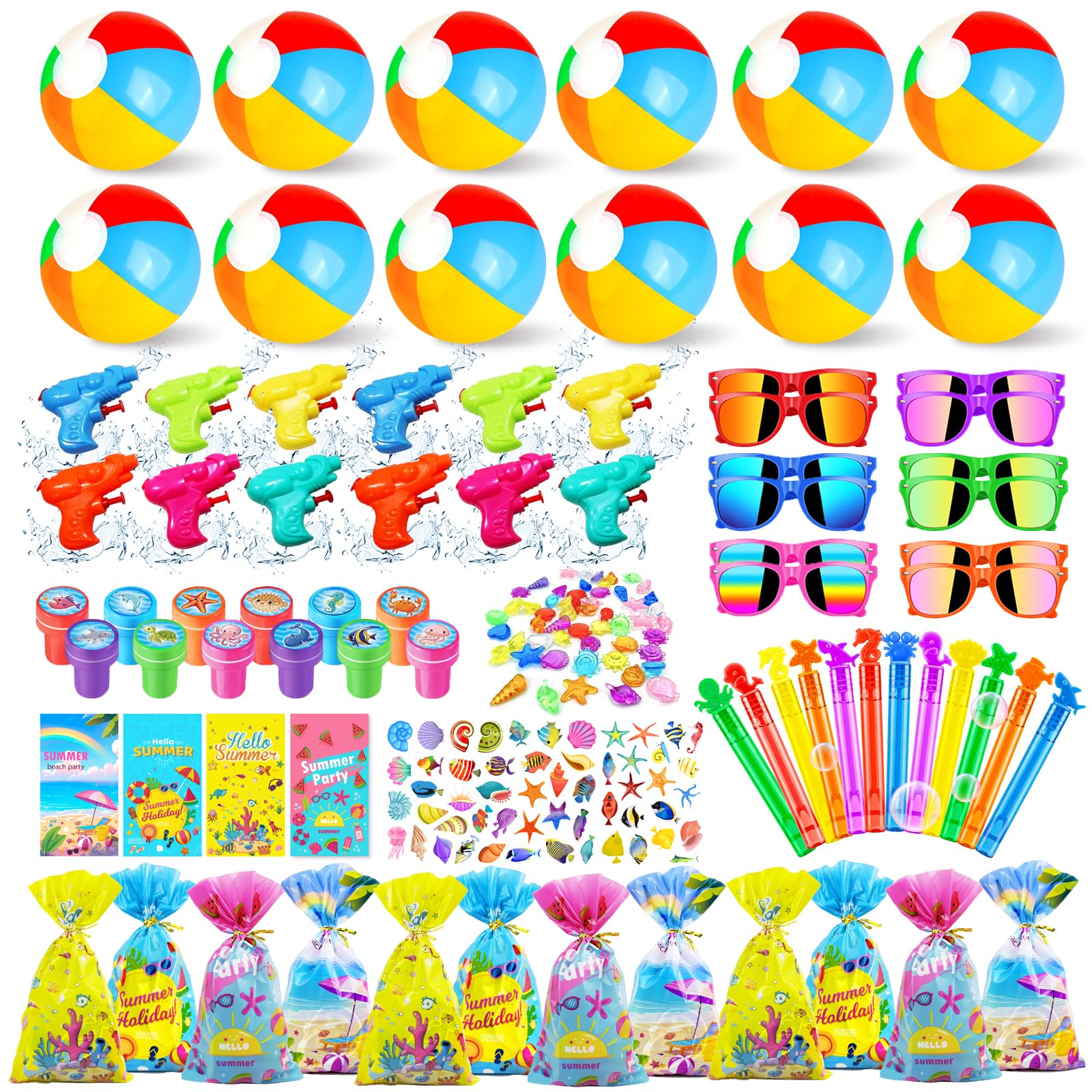 Pool Party Favors and Beach Party Favors,158PCS Summer Pool Toys for Kids, Undersea theme decoration, Including Beach Balls, Sunglasses, Bubble Wands, Stamp and Crystal Shells for Kids Ages 4-8 8-12