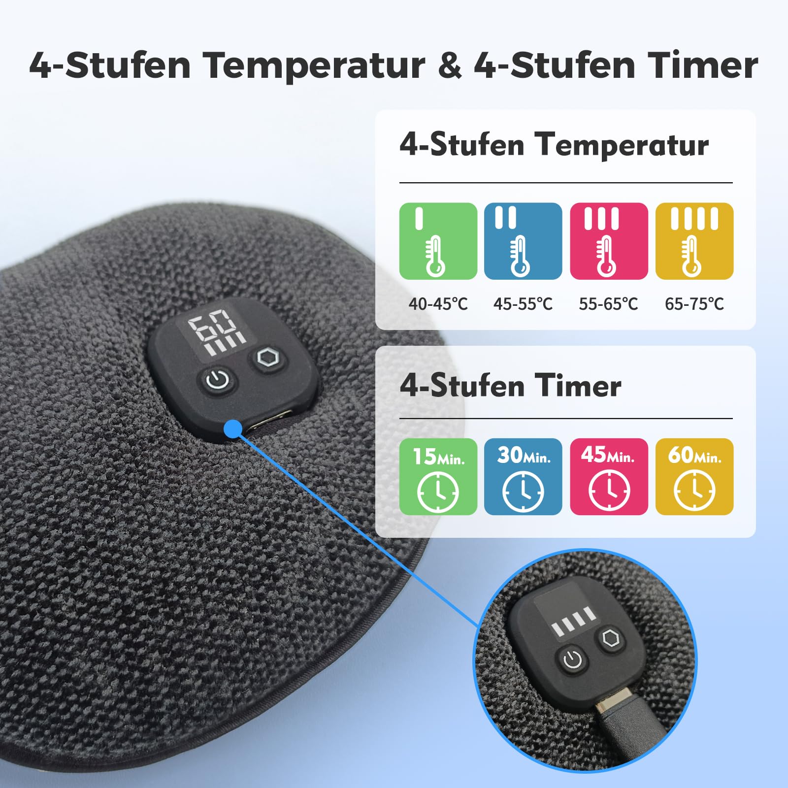 Augenmaske Wärmend, 1000mAh Wärmebrille mit Akku ohne Kabel, beheizte Augenmaske mit 4 Wärmestufen, waschbarer Bezug, Geschenke für Familie und Freunde (Schwarz)