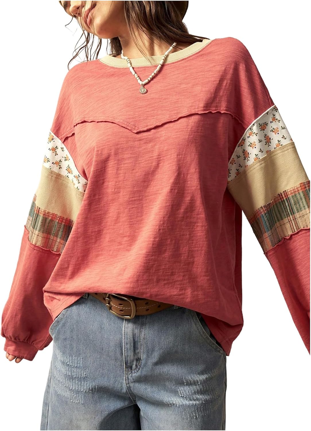 SOLY HUX Women's Boho Floral T Shirt Crew Neck Long Sleeve Patched Tee Casual Loose Fit Tops - Image 3