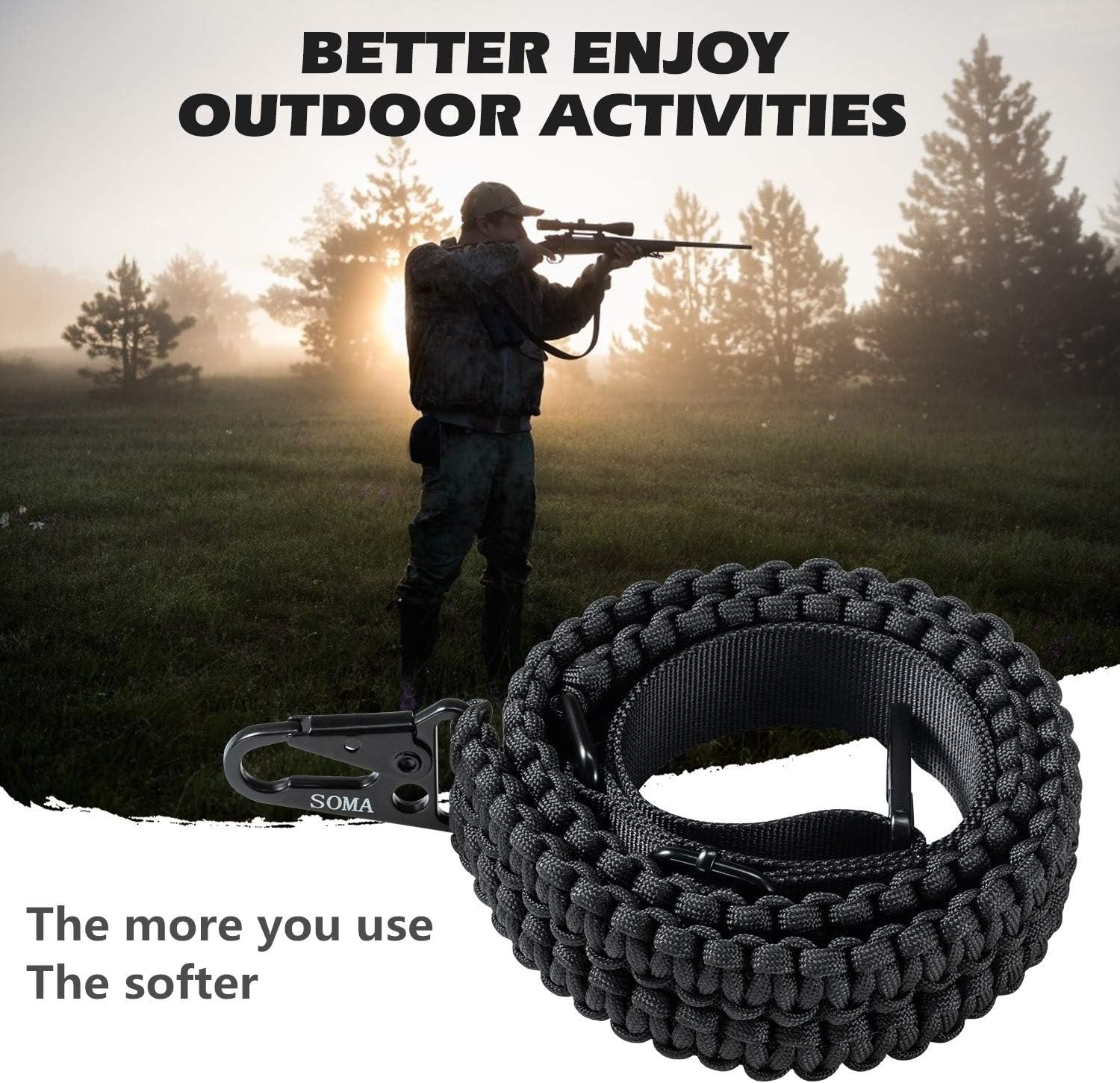SOMA 2 Point Rifle Sling, 550 Paracord Shotgun Sling, Quick Adjustable Gun Sling with Hook for Hunting (Black) : Sports & Outdoors