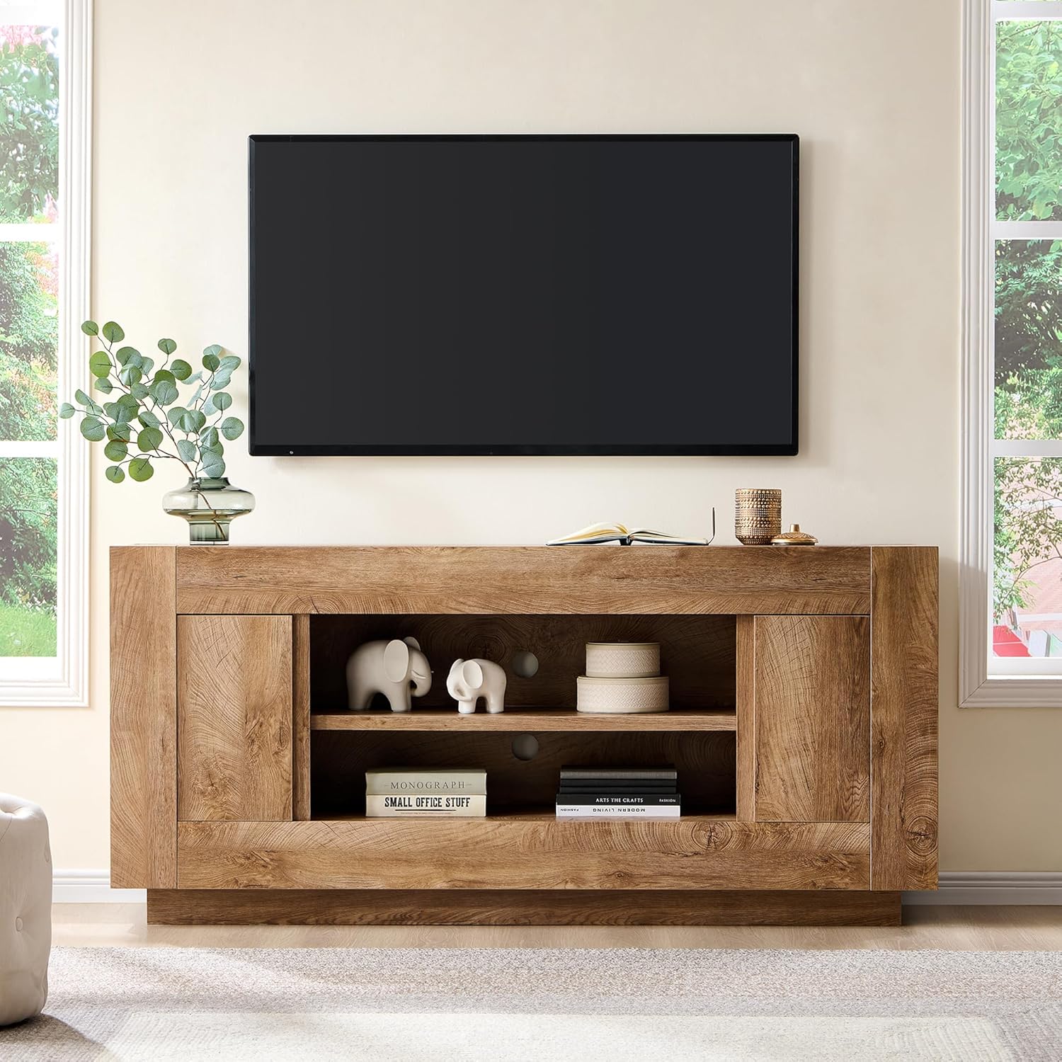 OKD 70" Modern Rustic TV Stand for TVs Up to 80" - Light Knotty Oak Entertainment Center with Open Shelves & Hidden Cabinets