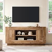 OKD 70" Modern Rustic TV Stand for TVs Up to 80" - Light Knotty Oak Entertainment Center with Open Shelves & Hidden Cabinets