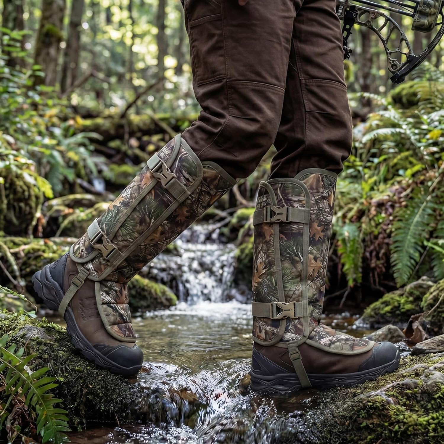 LOOGU Snake Gaiters, Waterproof Oxford Leg Guards with 12 Individual PE Boards, Curved Upper, Reinforced Instep Strap, Adjustable Double Buckles, Camo for Hunting Hiking Trekking