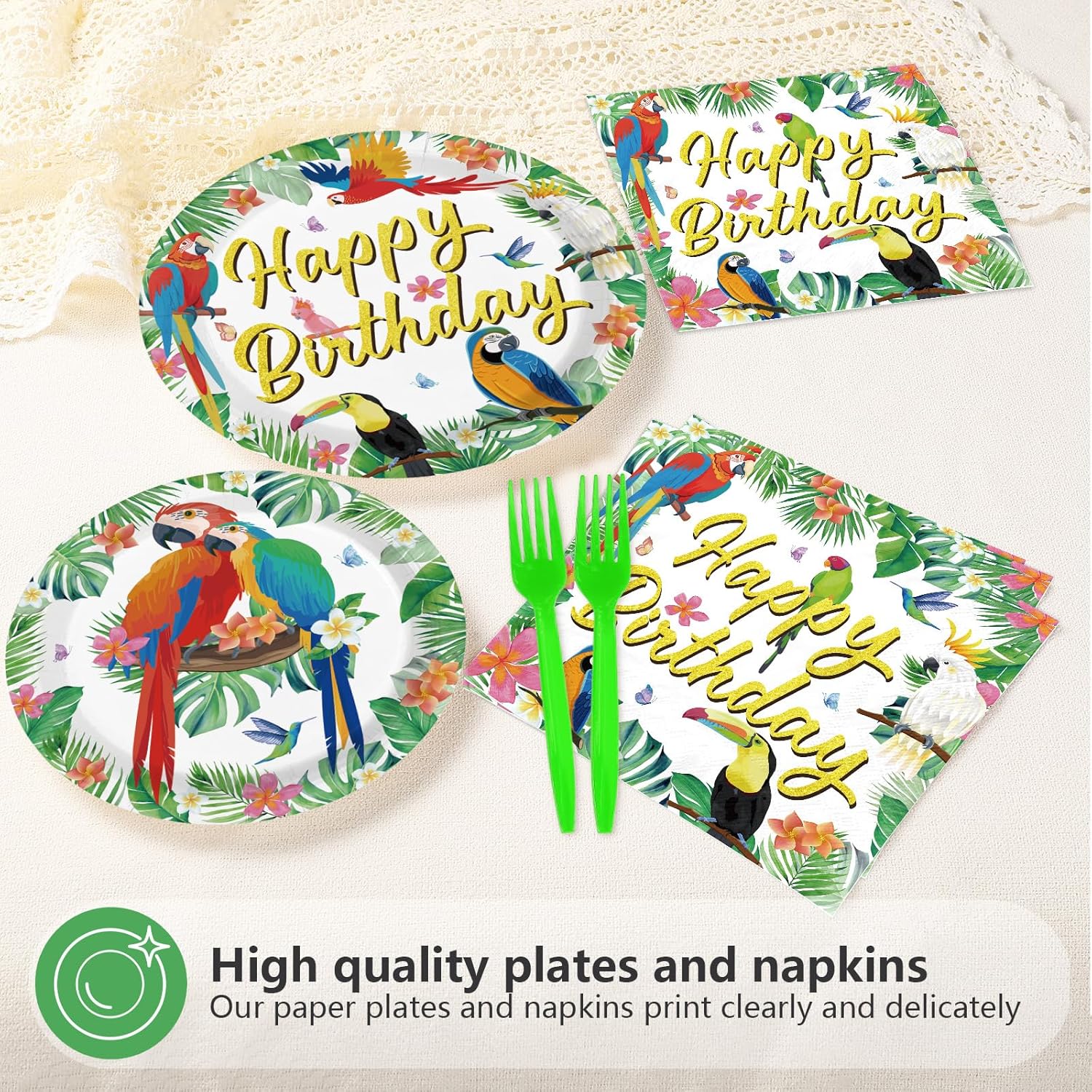 96Pcs Tropical Birthday Party Decorations Summer Parrots Birthday Plates and Napkins Bird Disposable Tableware for Summer Tropical Bird Parrots Party Decorations