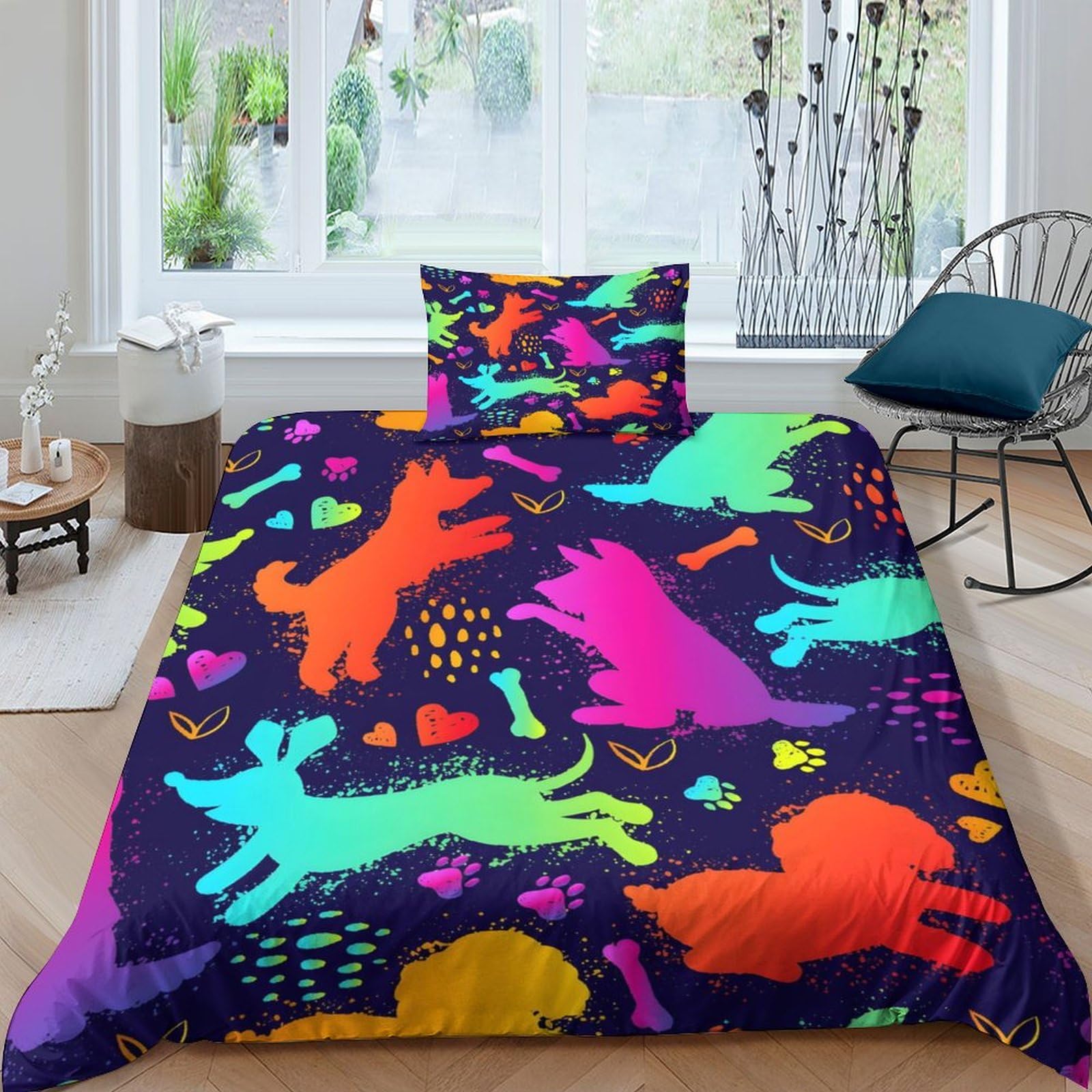 GDEKCIEAS Neon Cute Dogs Funny Puppies Teens Bedding Set,2Pcs Ultra Soft Duvet Cover,Soft Microfiber Quilt Cover for Boys,Girls,Kids,Adults, Home Decor,Breathable,Zipper,Easy Care Single（135x200cm）