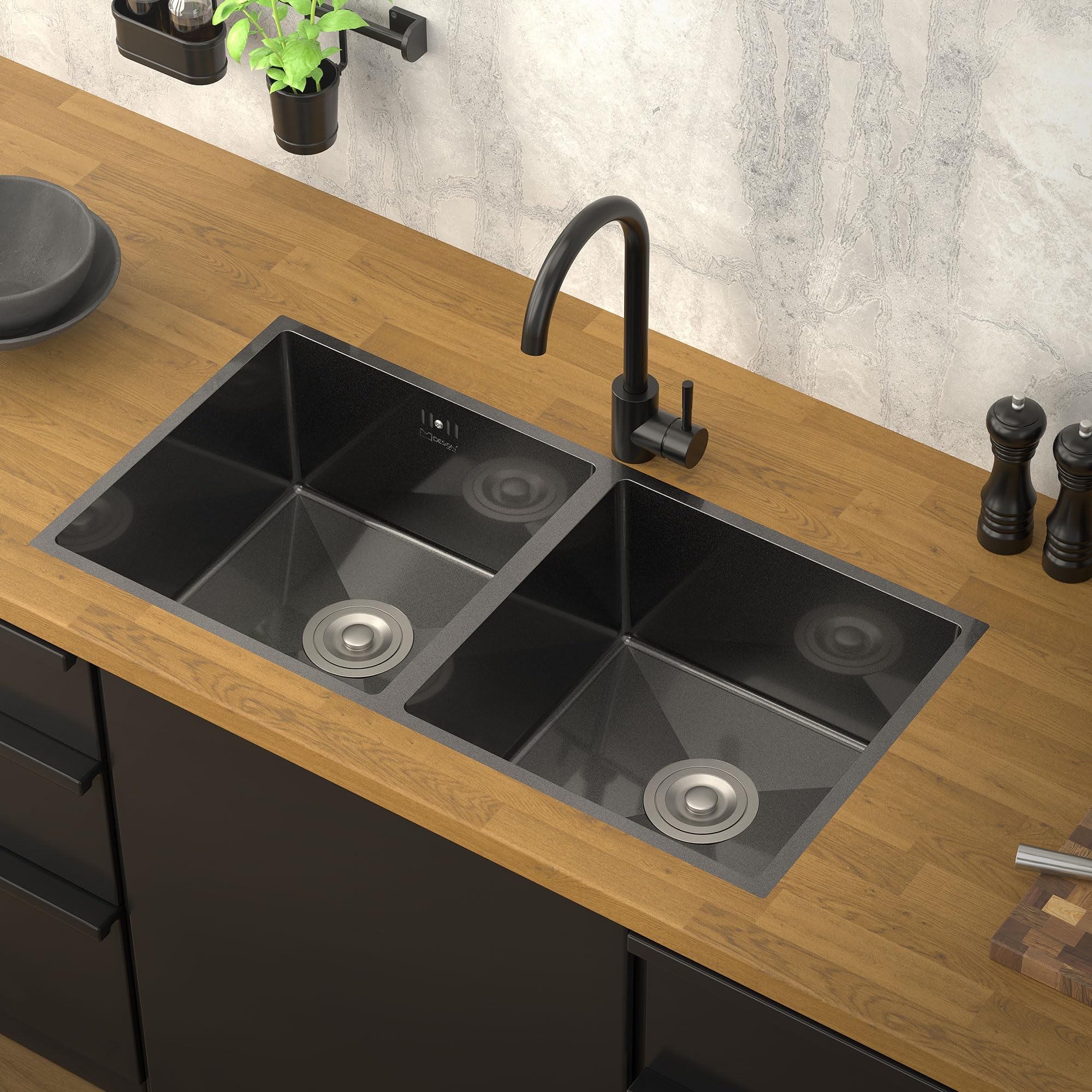 ML-Design Fregadero de Cocina Doble 81,5 x 40 cm de Acero Inoxidable Antracita Lavabo con 2 Cubetas y Sifón Rectangular Bajo Encimera con Juego de Desagüe y Rebosadero Resisten a la Corrosión