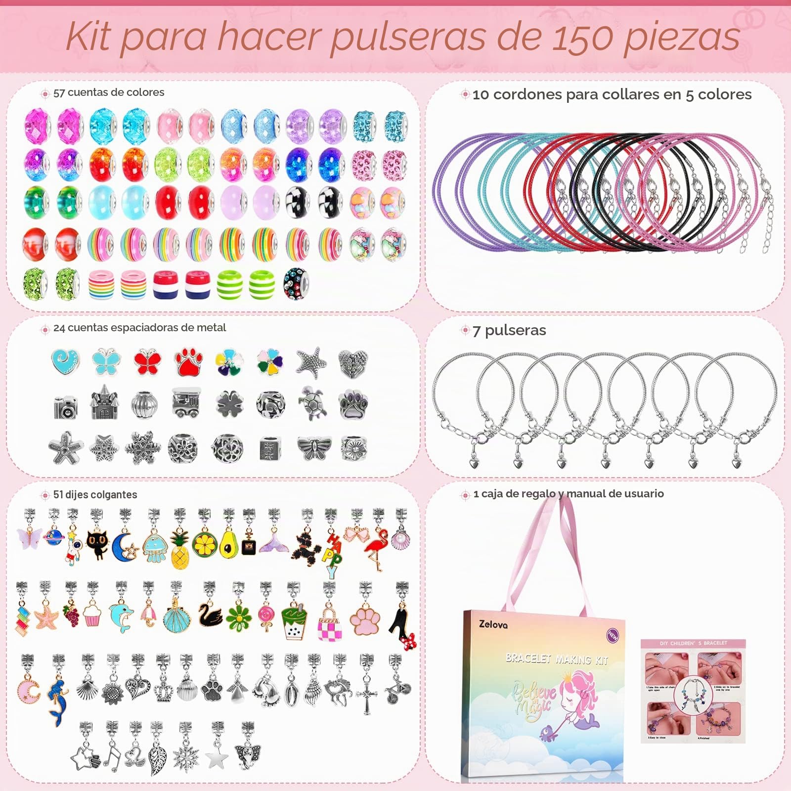 Zelova Kit para Hacer Pulseras Niñas, 150pcs Kit fabricación Joyas niñas, Juego para niña, Kits para hacer bisutería, Regalo Año Nuevo Cumpleaños Navidad para Niñas de 5-12 Años