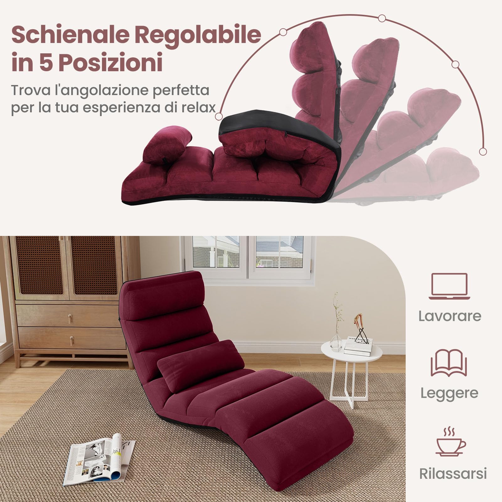 COSTWAY Sedia Pieghevole da Pavimento Portatile, Divano Imbottito, Regolabile in 5 Posizioni, Supporto per la Schiena, Ideale per Rilassarsi Leggere (Rosso)