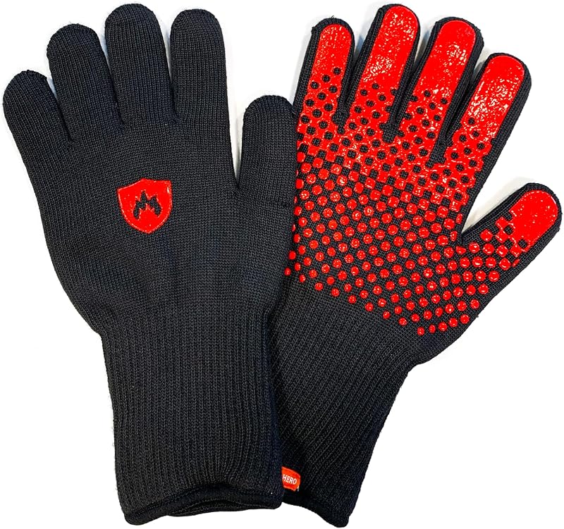 Prepared Hero Fireproof Gloves, Heat Resistant for BBQ & Grill, 932F | Grill Mitts With Cut Resistance, Long Wrist Cuffs And Flexible Grip For Charcoal, Pellet, Smoker And Fireplace Use