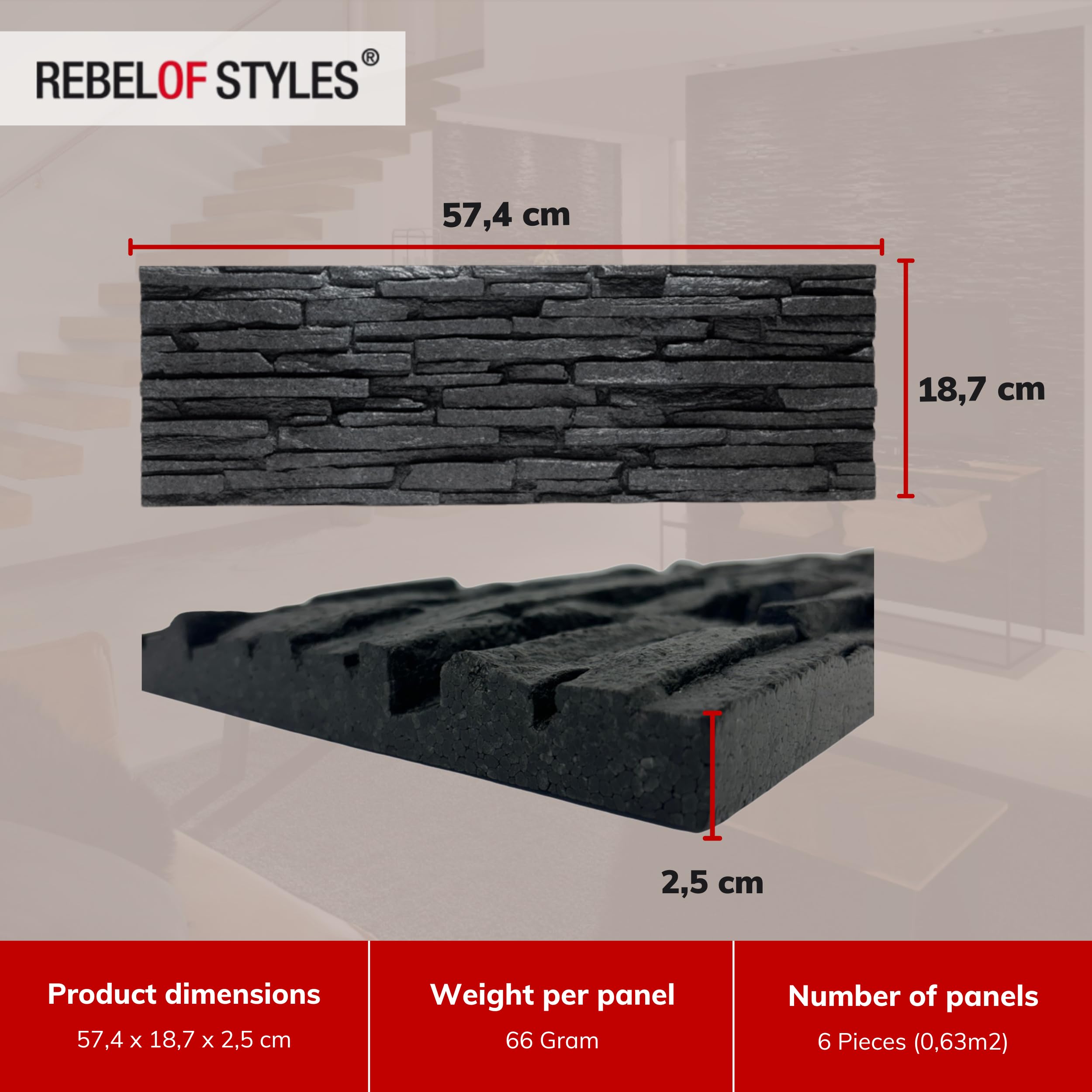 Rebel of Styles - UltraLight Tasso Black - 0,63 m² / 6 pièces - Panneaux muraux/revêtements/plaques en EPS aspect pierre naturelle - Décoration murale en mousse avec isolation
