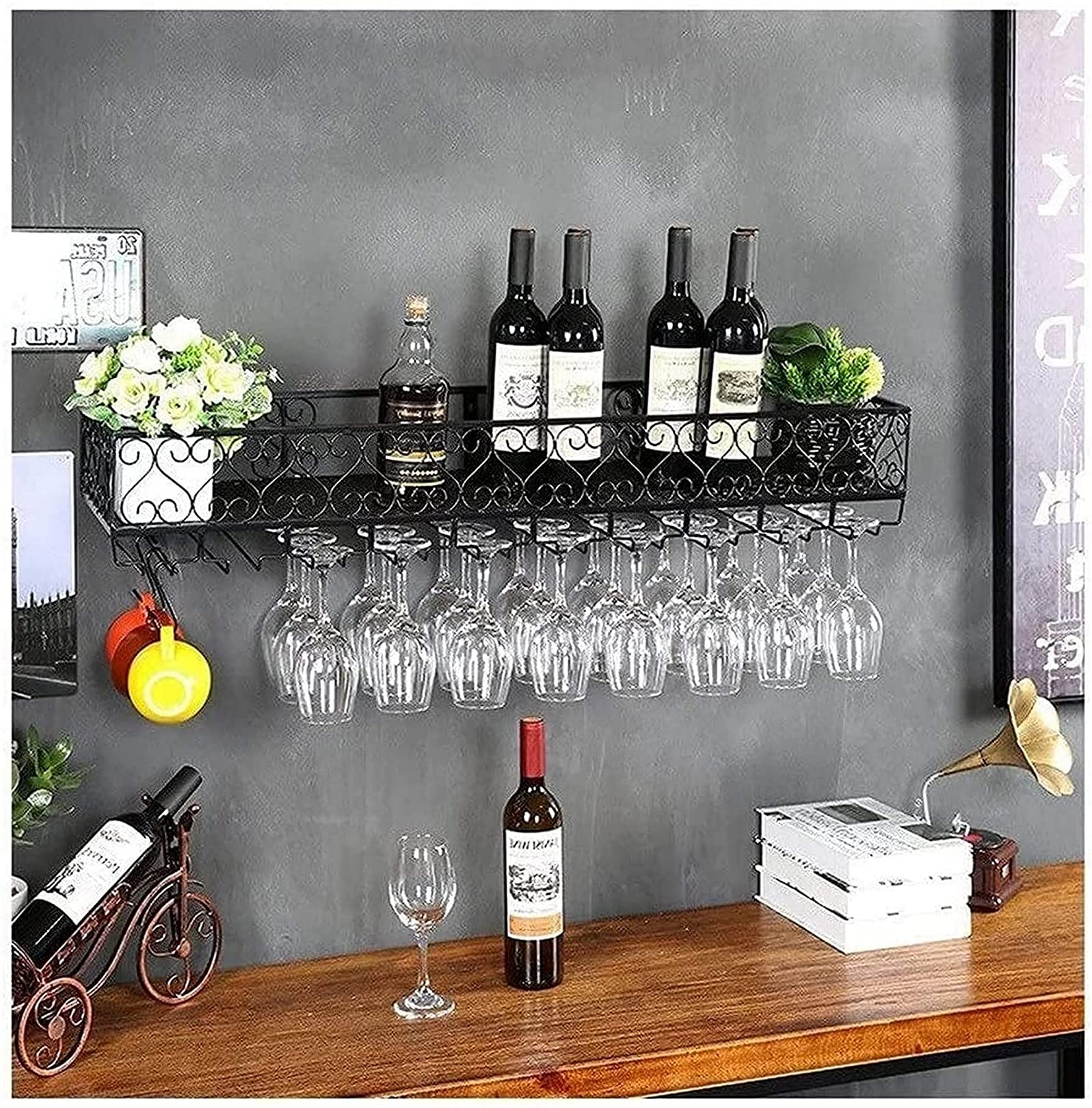Étagère à vin murale gain de place avec porte-verre suspendu pour cuisine encombrée