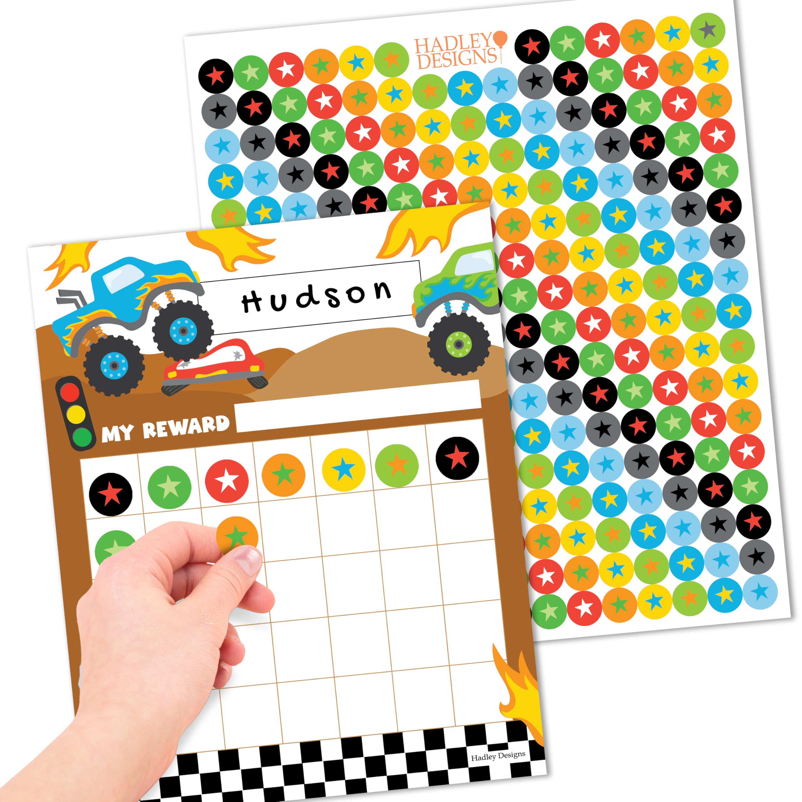 Sticker Chart for Kids Behavior at Home & Classroom - 25 Reward Chart for Kids Incentives, Gold Star Sticker Sheets, Monster Truck Incentive Charts