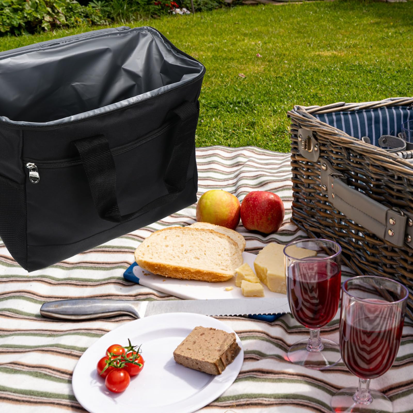 Große Thermotasche für Picknick und Schule Isolierte Lunch Tasche aus Oxfordstoff mit Aluminiumfolie Schwarz Hält Speisen Warm und Frisch