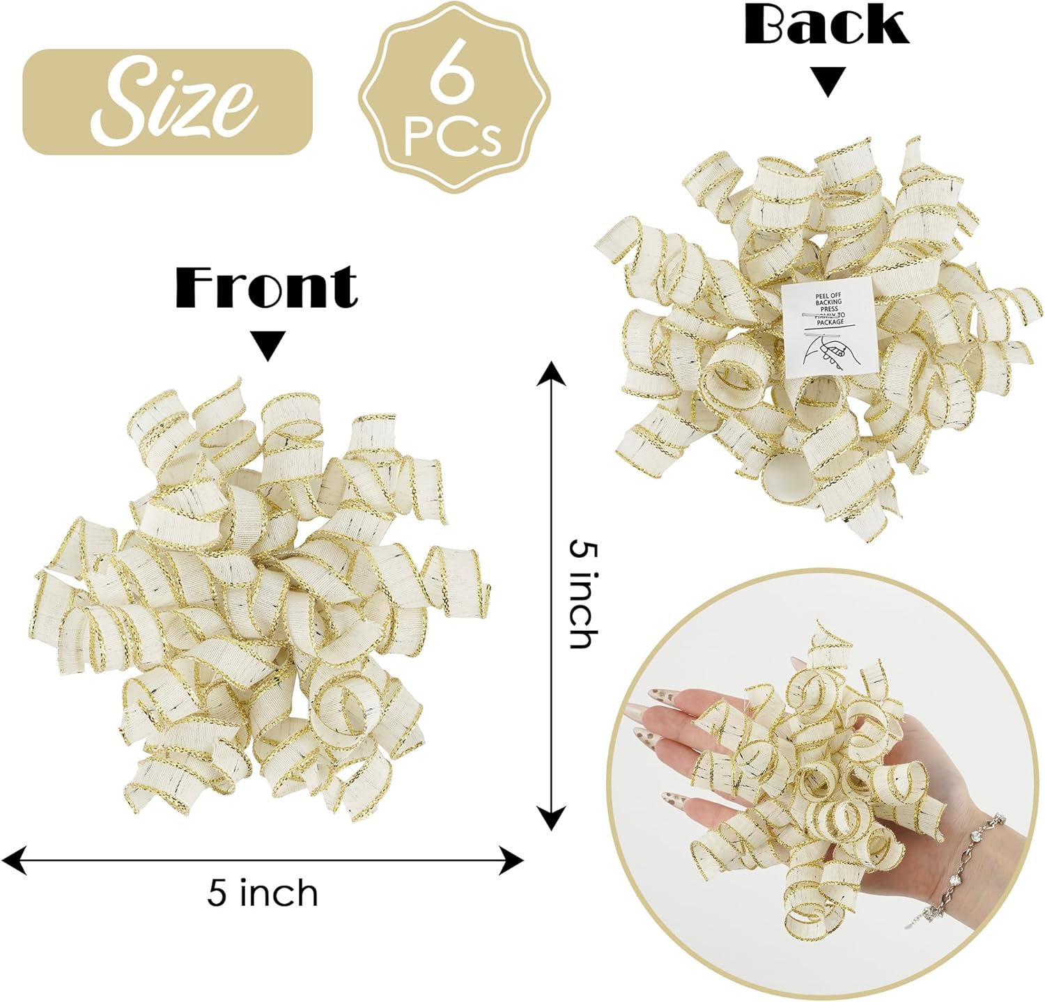 AIMUDI White Curly Bows for Gift Wrapping 5'' Christmas Burst Bows with Gold Edge Cotton Self Adhesive Gift Bows for Presents, Treat Bags, Wine Bottles Holiday Decorations - 6 Counts - Image 3