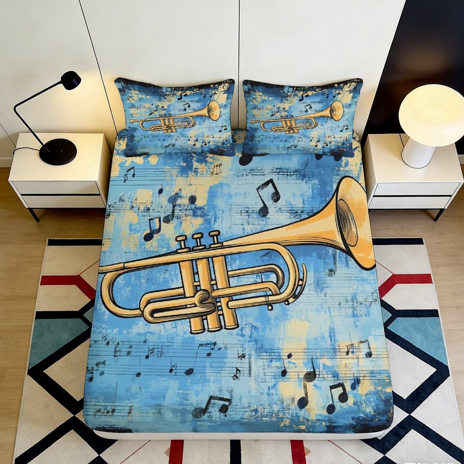 3D Printed Blue Trumpet Music Fitted Sheet Microfiber Soft Breathable Musical Notes Mattress Cover for Bedroom Dormitory Guest Room Protection Decor 120x200x25cm