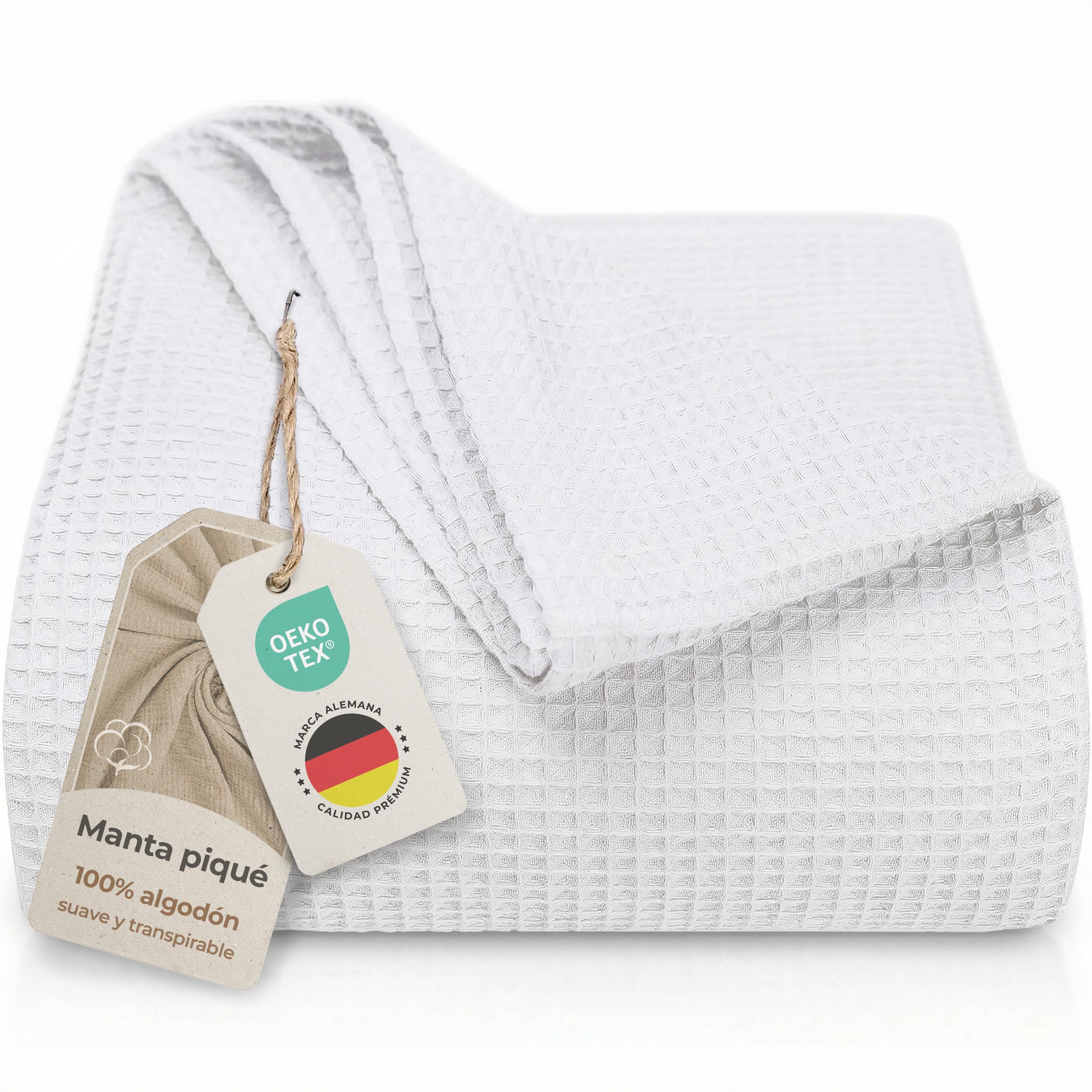 LAYNENBURG Manta para Sofá Verano 240 x 260 cm XXL - Waffle Pique 100% Algodón - cocha Ligera de Verano - Manta de algodón como Manta de Cama, de sofá - Manta de sofá aireada (Blanco) OEKO-TEX STANDARD 100