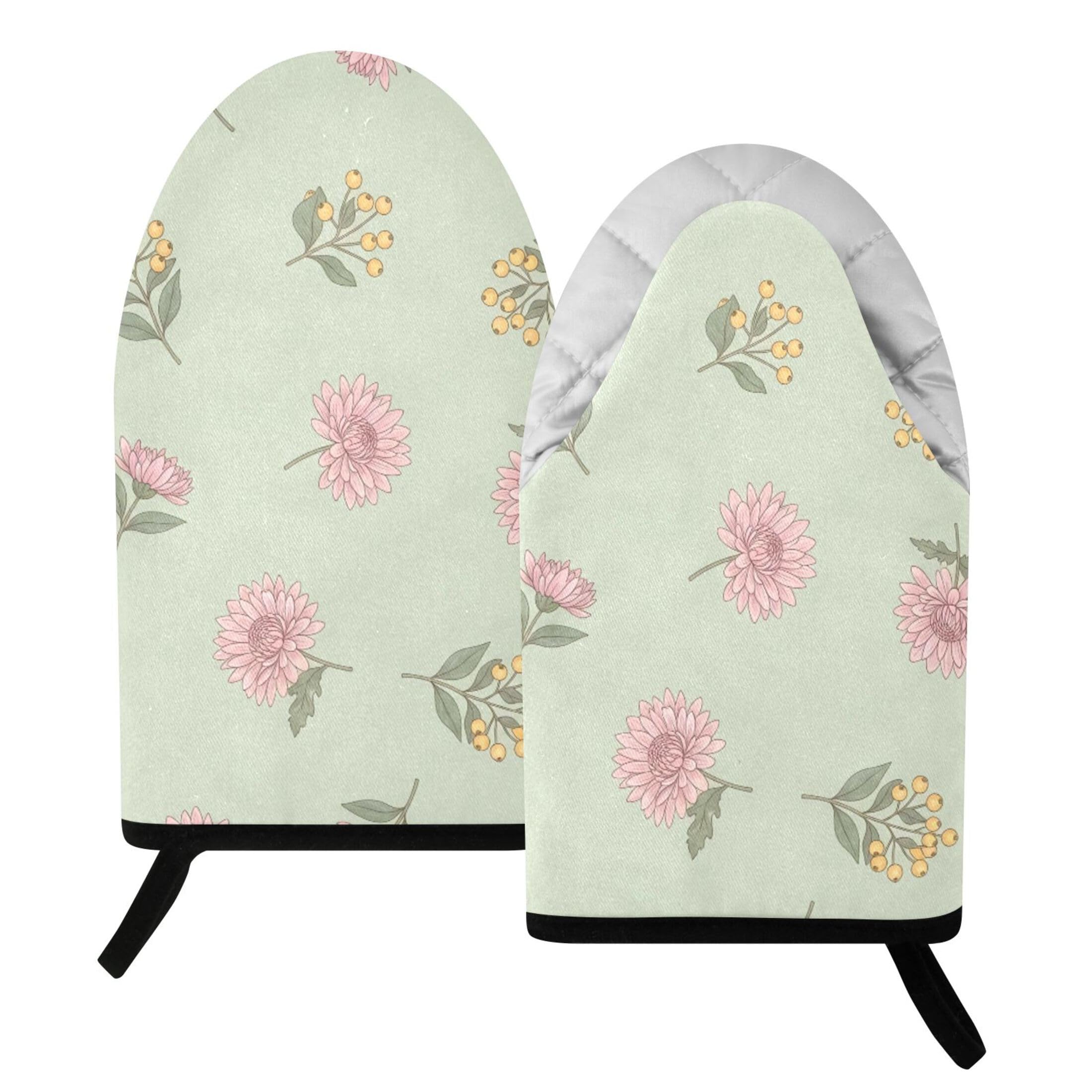 Fuauuyl Oven Mitts Heat Resistant Kitchen Gloves, Flowers Classic Oven Gloves with Hanging Loop for Baking BBQ Cooking Grilling, 1 Pair, 9.5 in