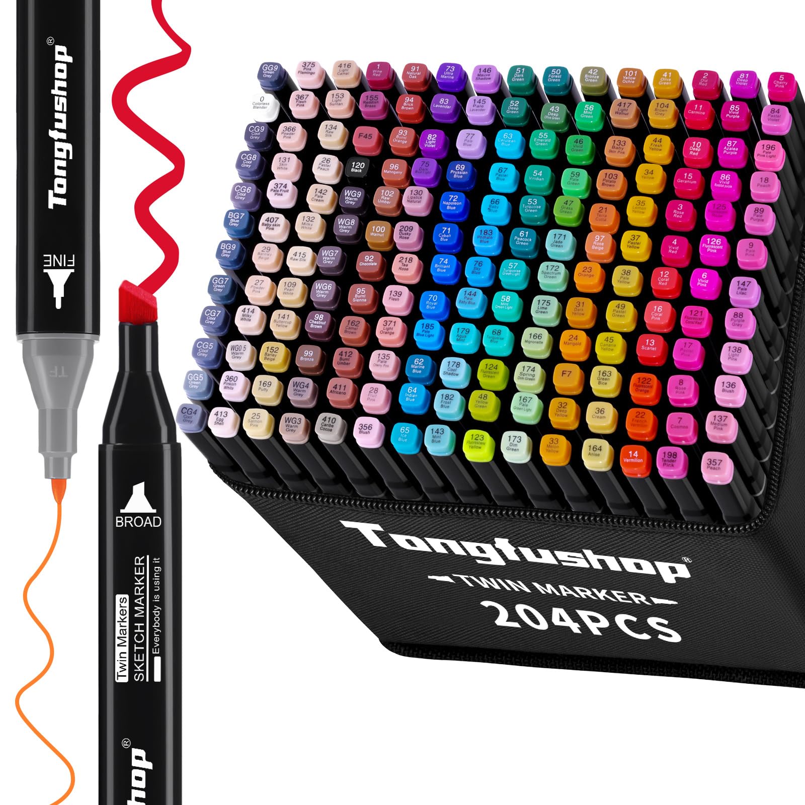 Tongfushop Marcatore 204 Colori, Pennarelli Doppia Punta, Pennarelli ad Alcool Professionali con Borsa e Distanziatore, Adatti per Sketch, Colorare, Illustrazioni, Disegnare, Anime