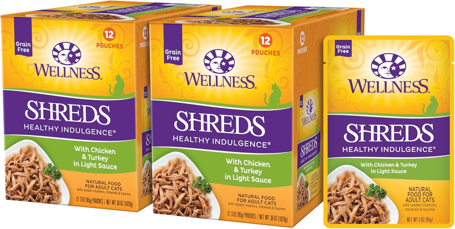 Best By/15/JUN /2025)) Wellness Healthly Indulgence Shreds Adult Wet Cat Food, Natural, Protein-Rich, Grain Free, 3 Ounce Pouch, 24 Pack, (Chicken & Turkey) Chicken & Turkey Shreds 3 Ounce (Pack of 24)