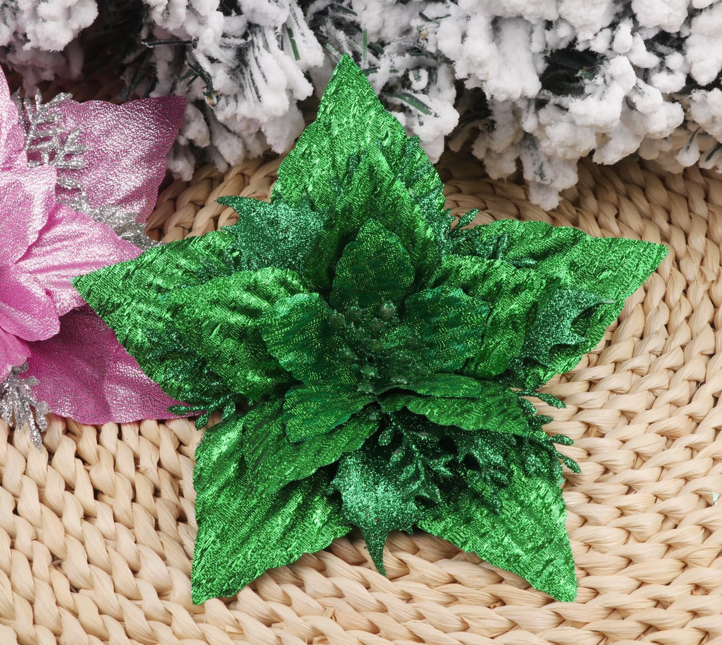 YYCRAFT 7 Inch Glitter Poinsettia Flowers Metallic Artificial Flower for Christmas Tree Ornaments Christmas Decorations(12pcs,Emerald Green) - Image 3