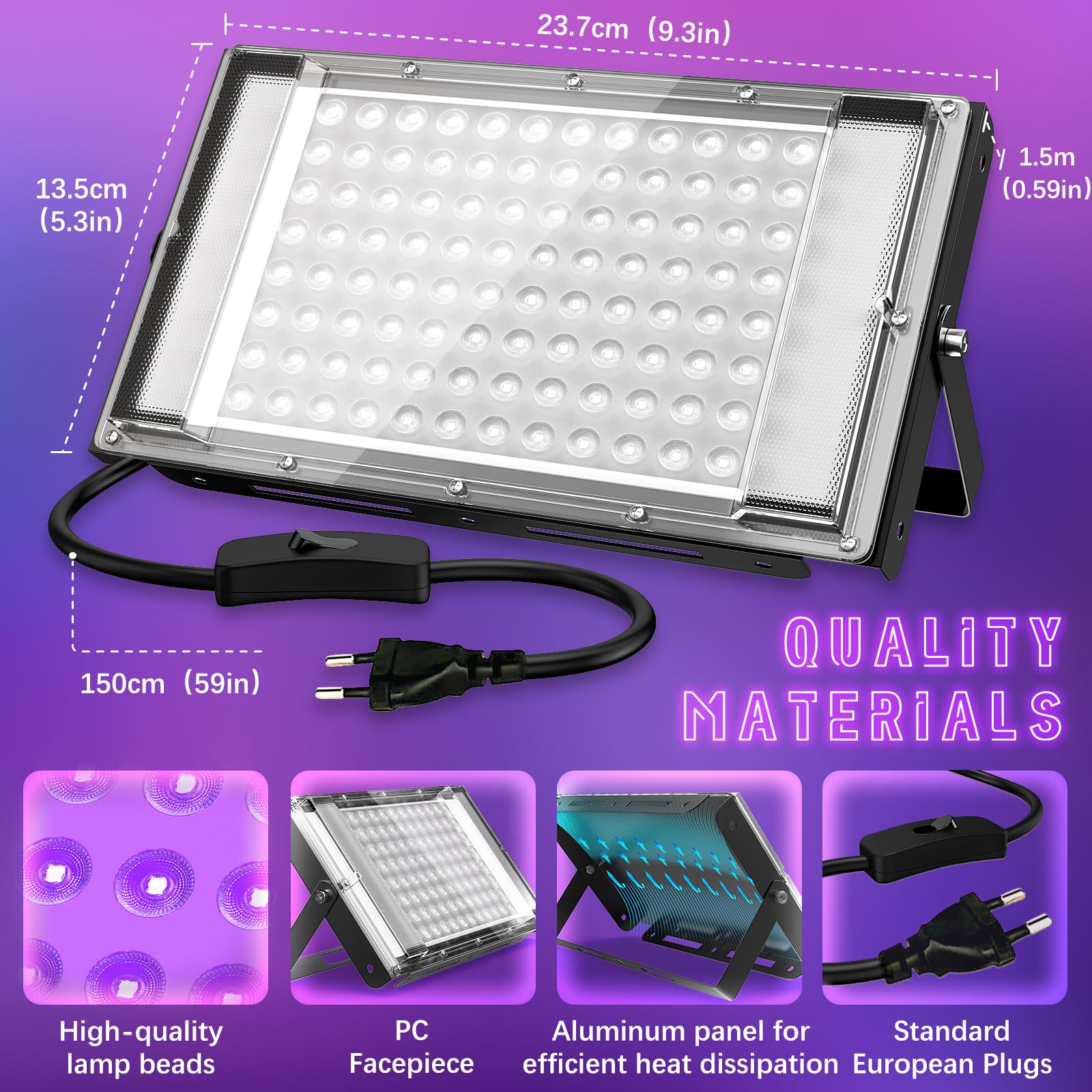 GKT 100W Projecteur Lumiere Noire, Lumiere UV, Etanche IP66, Lumière Noire avec Prise, Pour Halloween, Noël, Body Painting, Affiche Fluorescente, Soirées à la Lumière Noire