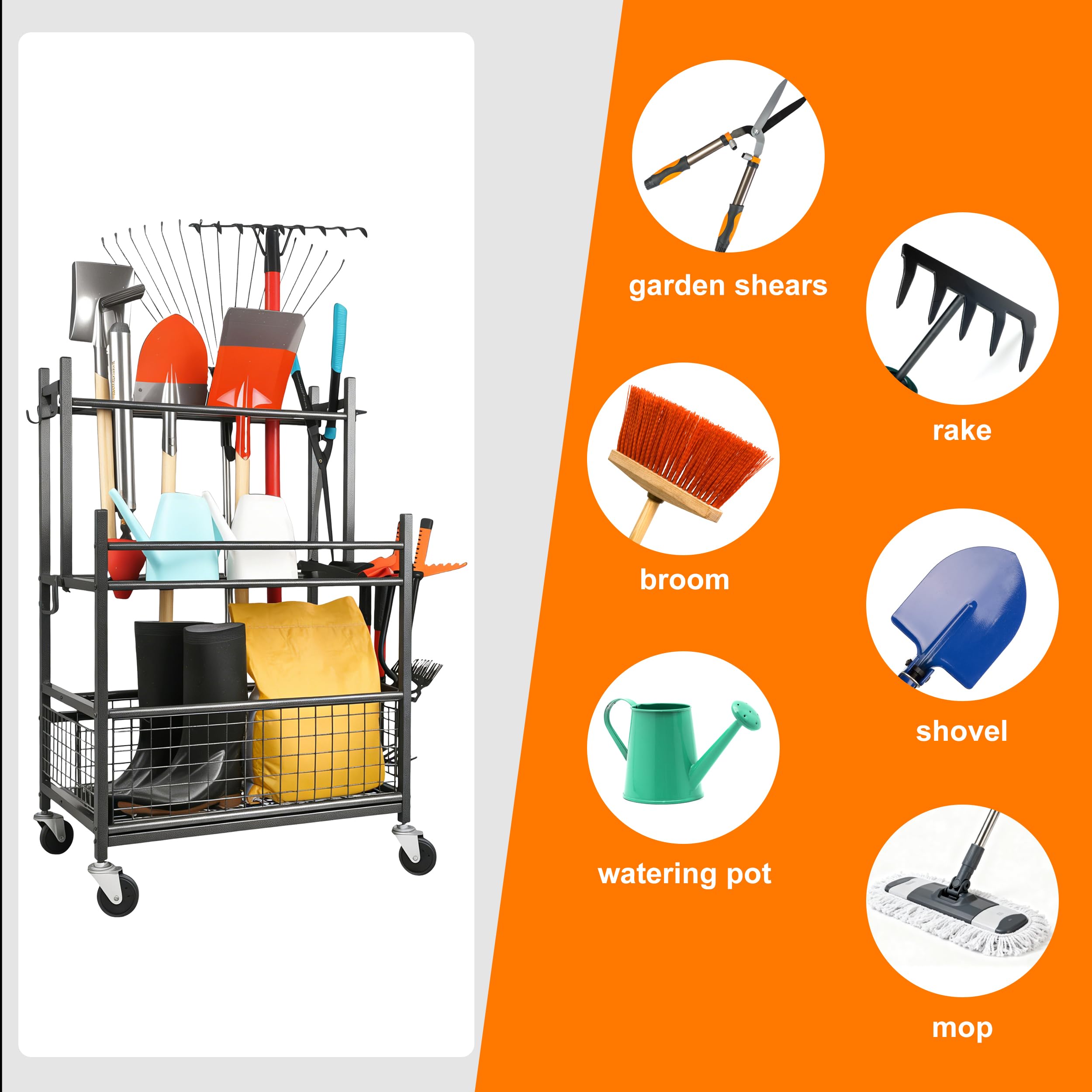 Gartengeräte Organizer mit Feststellrollen,Schwerlast Metall Gartengeräteständer,16 Fächer+19 Haken für langgestielte Geräte/Staubsauger/Rasenrechen,ideal für Garage, Schuppen & Außenbereich