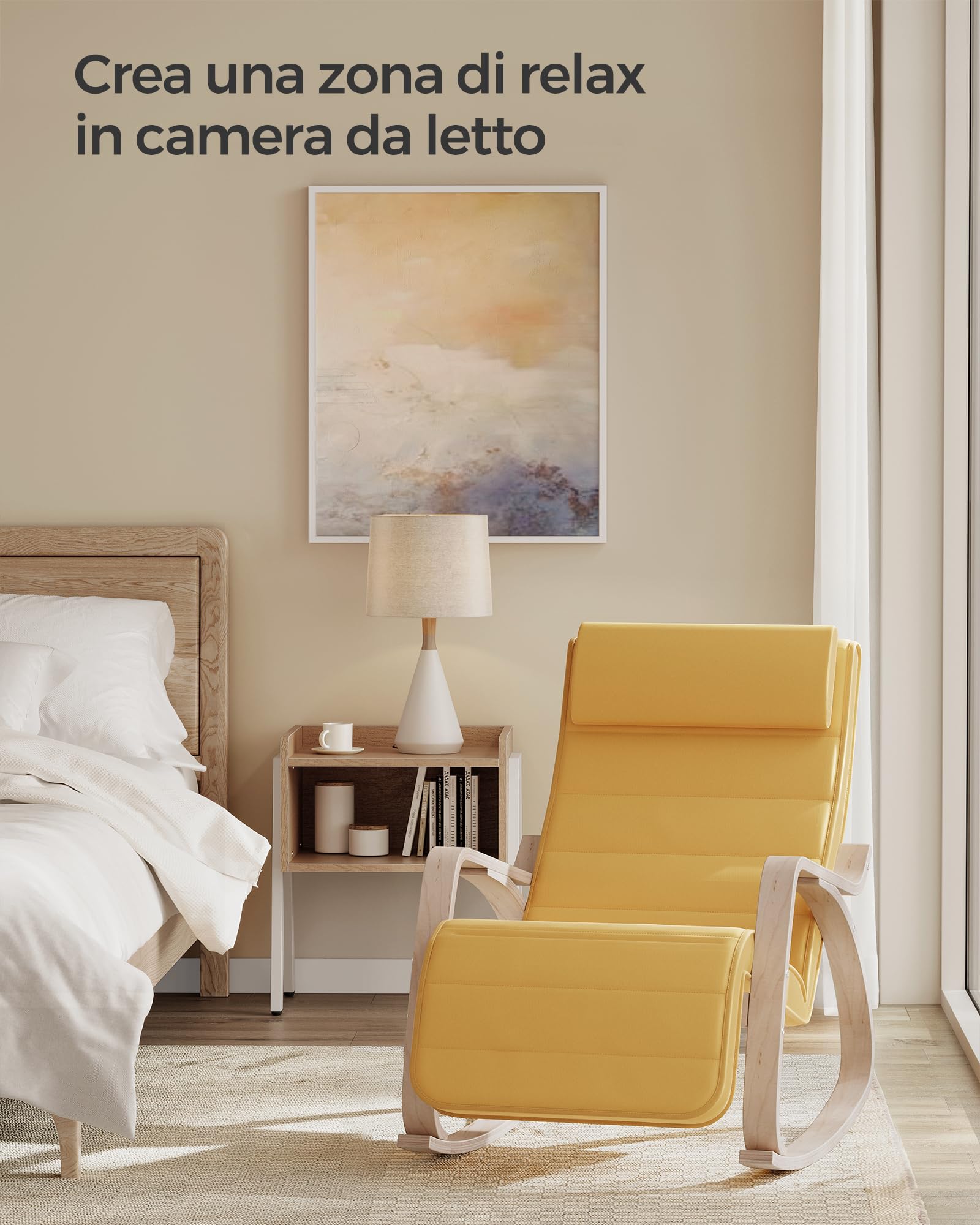 SONGMICS Sedia a Dondolo, Poltrona a Dondolo con Braccioli in Betulla, Poggiapiedi Regolabile a 5 Altezze, Portata 150 kg, per Soggiorno Camera da Letto, Giallo Ocra e Naturale LYY010Y01